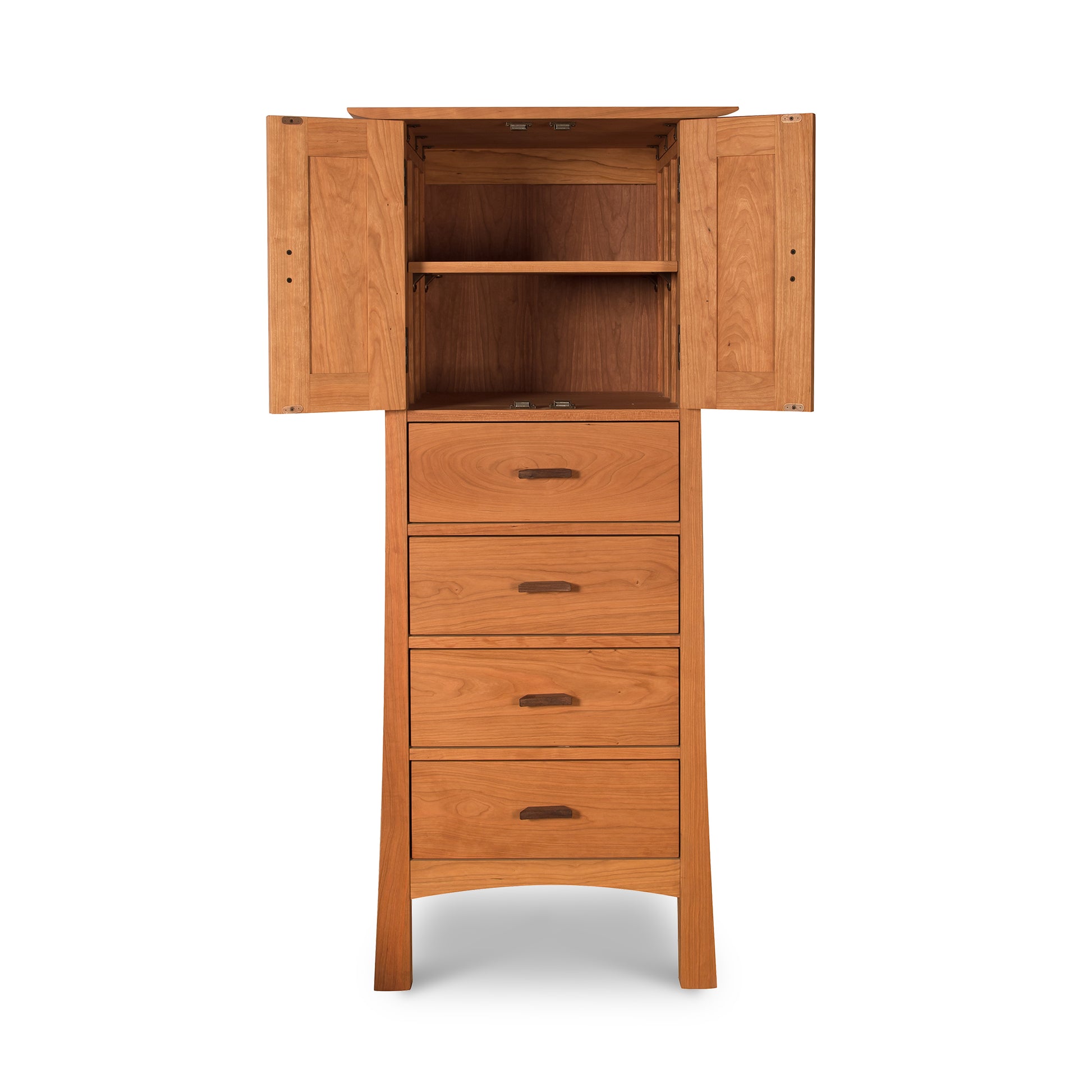 Contemporary Craftsman Tall Storage Chest by Vermont Furniture Designs with shelves and four drawers in eco-friendly wood finish.