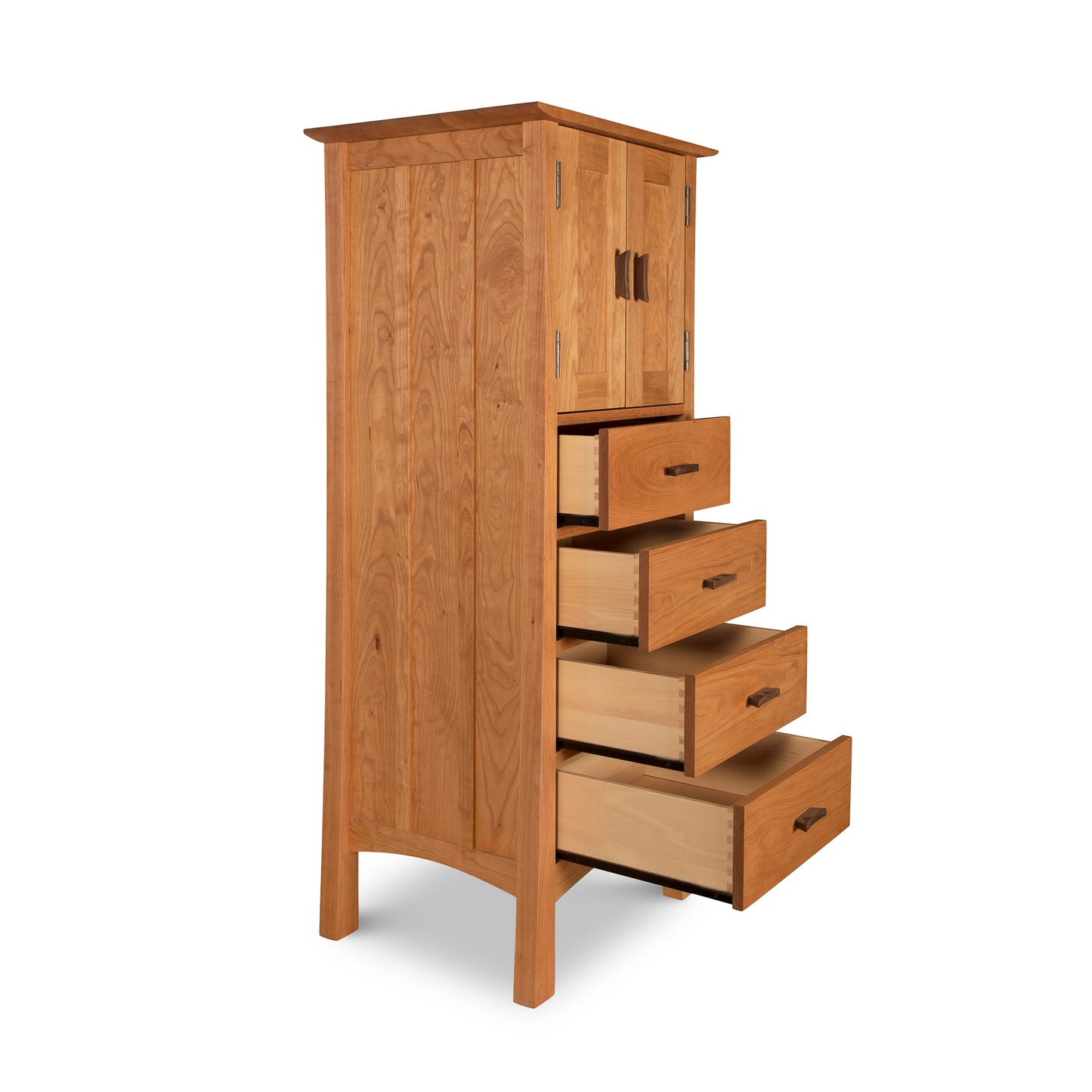Contemporary Craftsman Tall Storage Chest with four open drawers and upper cabinets, showcasing expert craftsmanship and eco-friendly finish by Vermont Furniture Designs.
