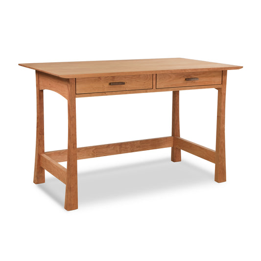 A Vermont Furniture Designs Contemporary Craftsman Writing Desk with two drawers, featuring a simple design with a light brown finish, isolated on a white background.