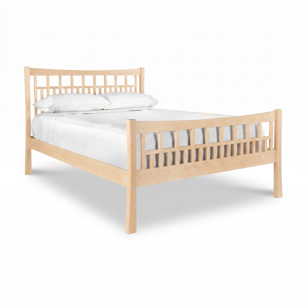 Contemporary Craftsman High Footboard Bed by Vermont Furniture Designs with vertical slats, white bedding, and two accent pillows.