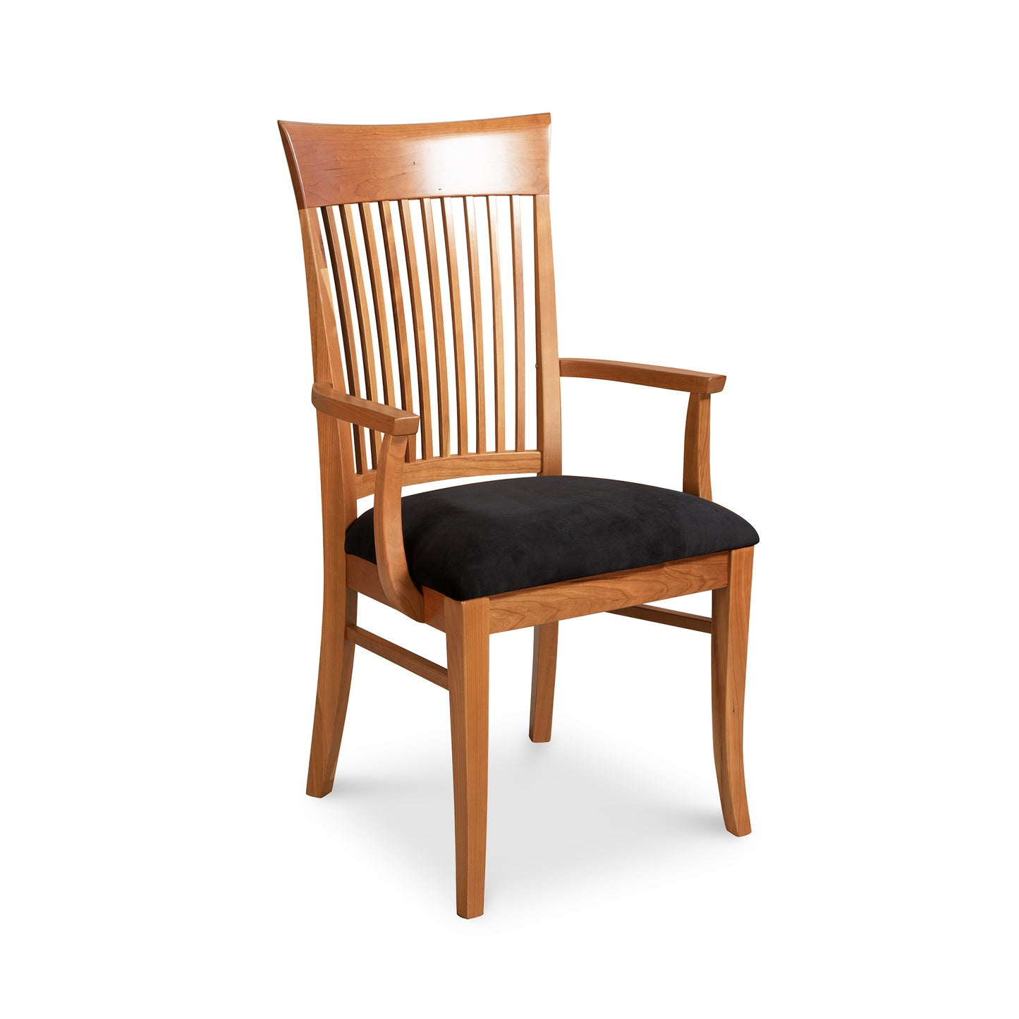 Contemporary Shaker Chair by Vermont Woods Studios with slatted back, curved armrests, and black cushioned seat. Handcrafted American furniture focusing on elegance and comfort.