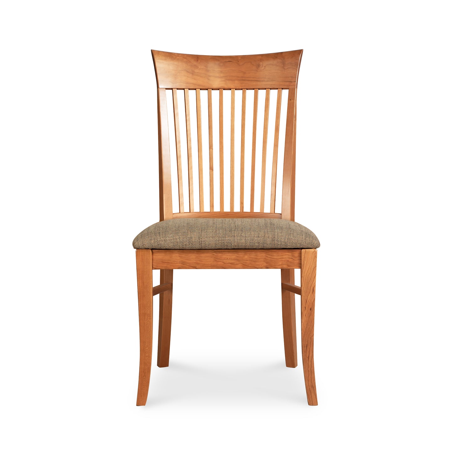 A wooden dining chair with a tan upholstered seat.