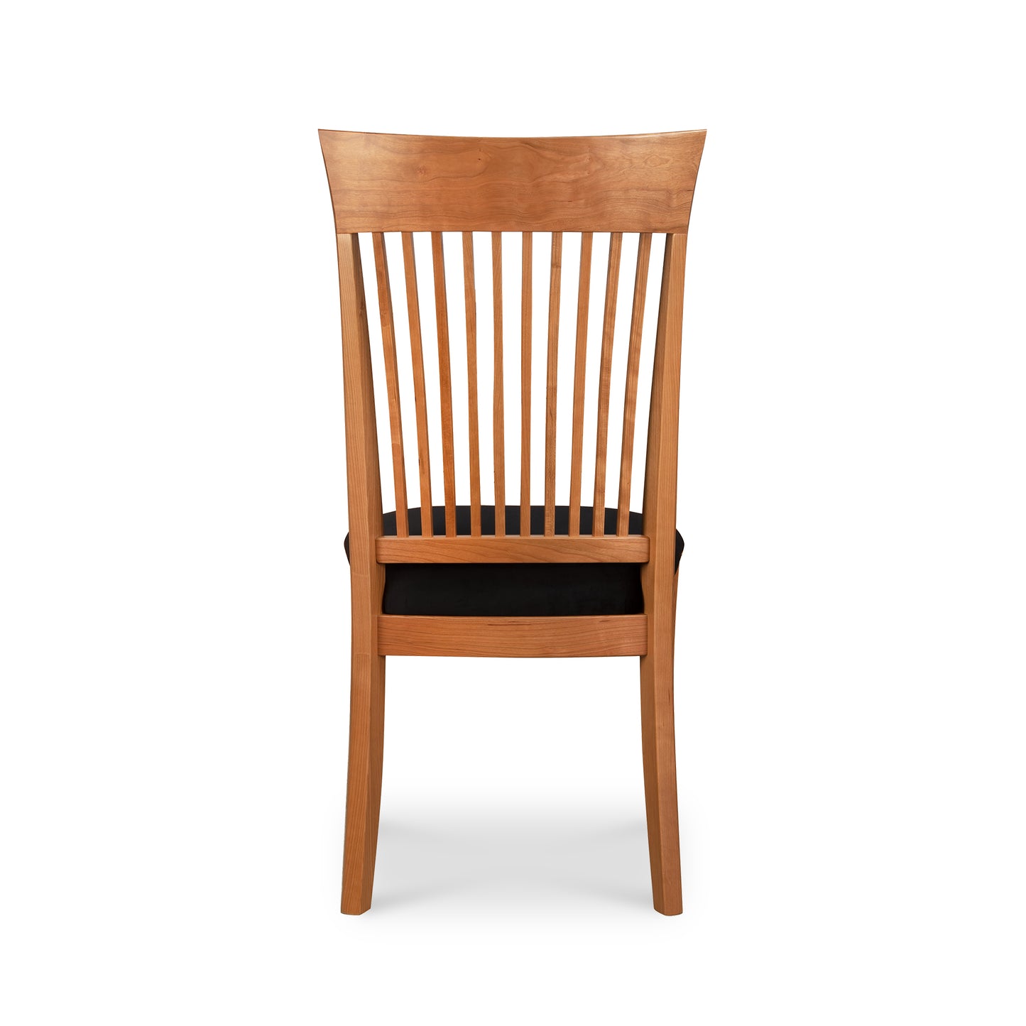 Contemporary Shaker Chair with vertical slatted back and black cushioned seat, crafted by Vermont Woods Studios.