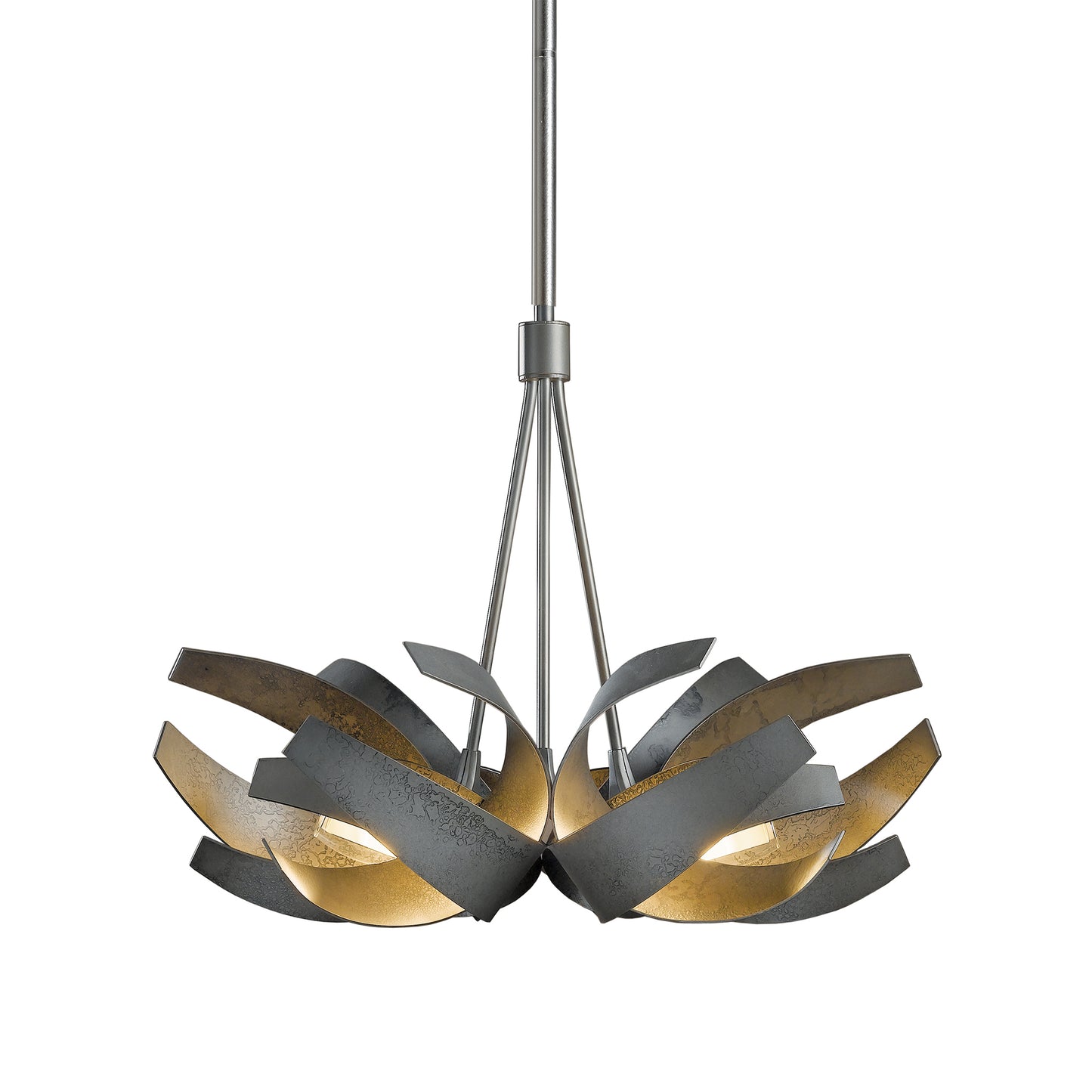 Modern Hubbardton Forge Corona Pendant featuring swirling metal strips encasing handcrafted lights.