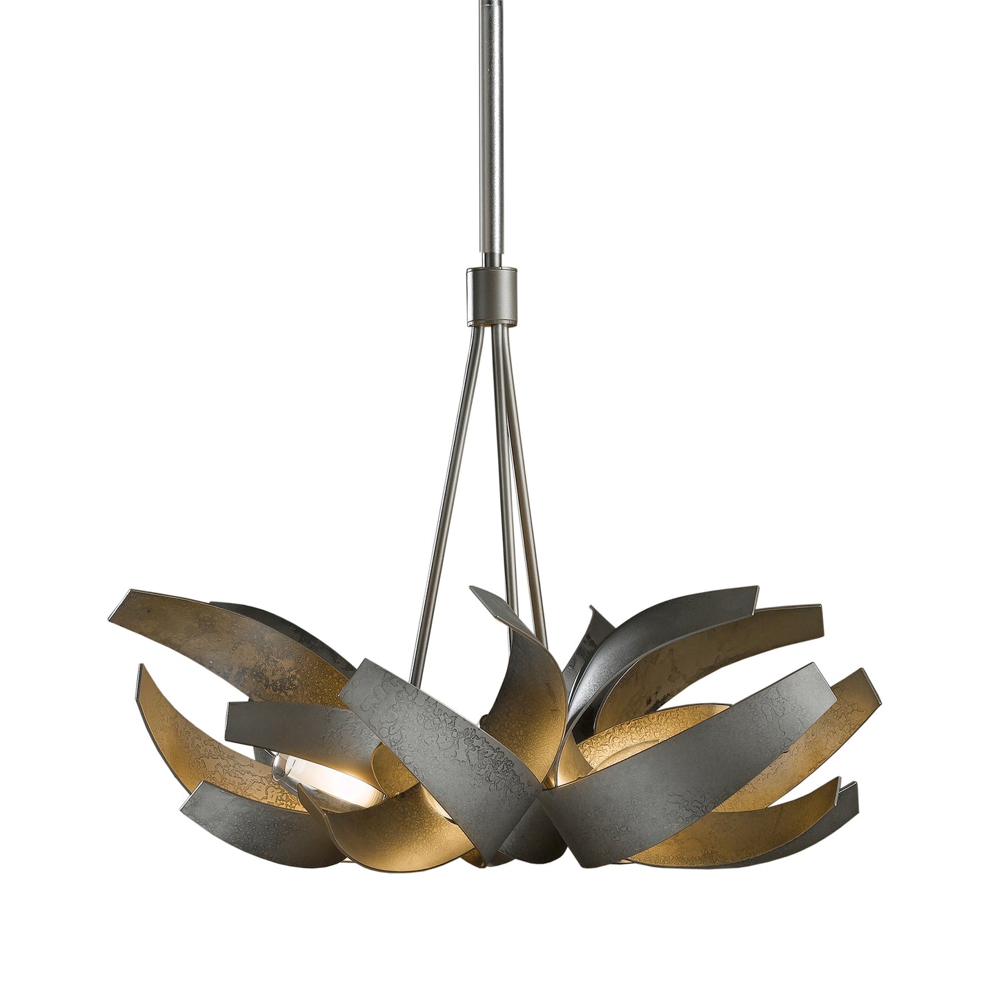 Modern Hubbardton Forge Corona Pendant with swirling gray and gold layers, metallic finishes, hanging elegantly from a sleek central rod.