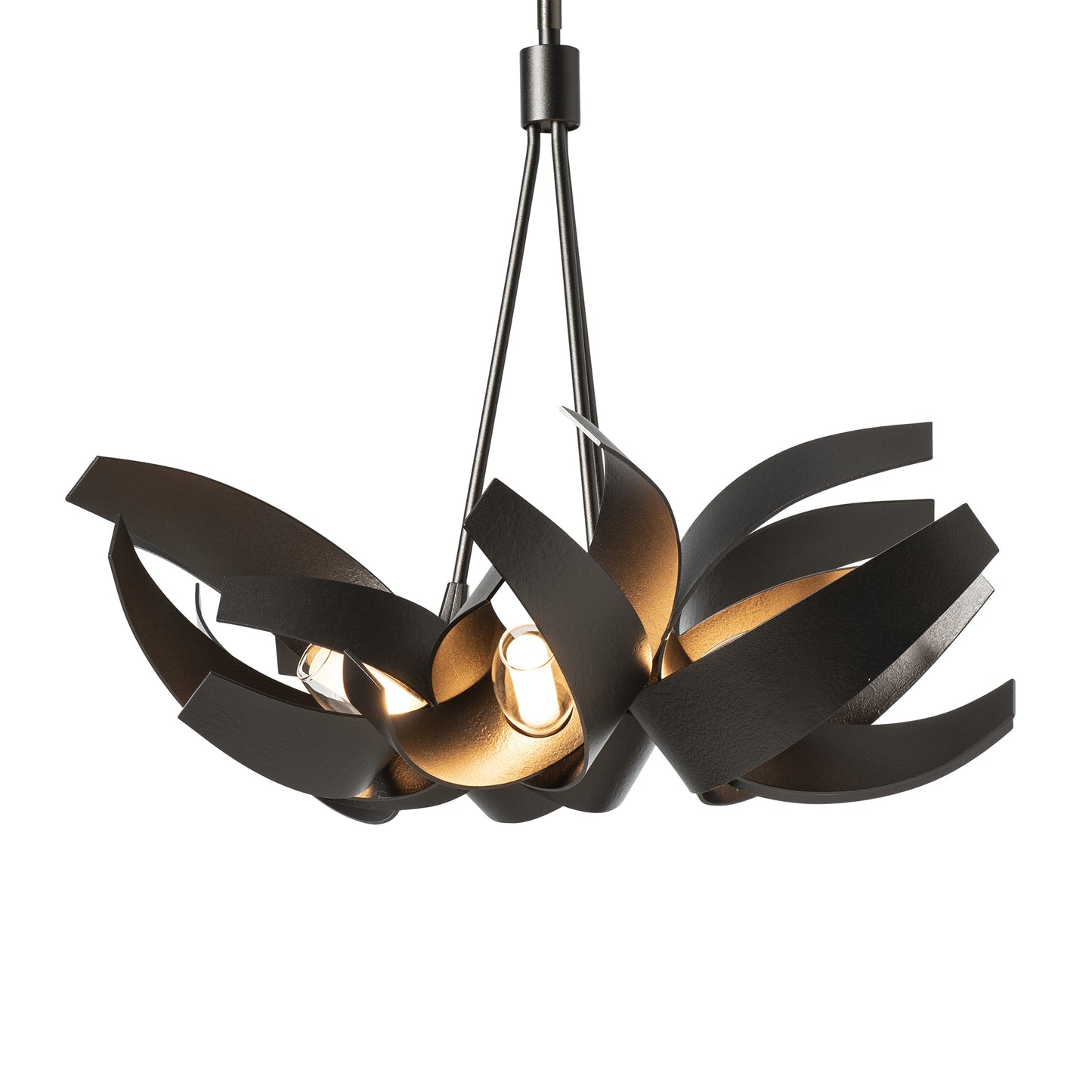 Corona Pendant by Hubbardton Forge with swirling black metal bands and exposed bulbs, showcasing modern elegance.
