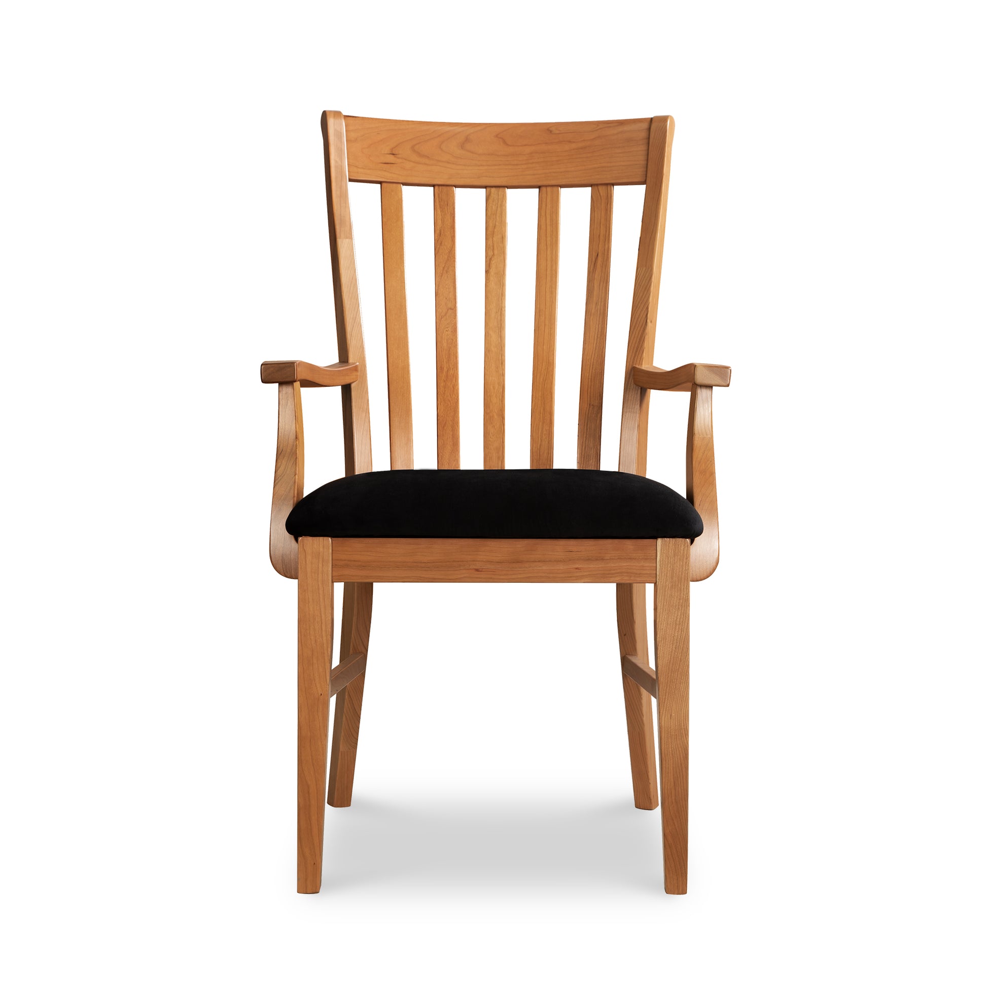 Country Shaker Chair with ergonomic seat back, crafted from sustainable wood, featuring a black-cushioned seat.