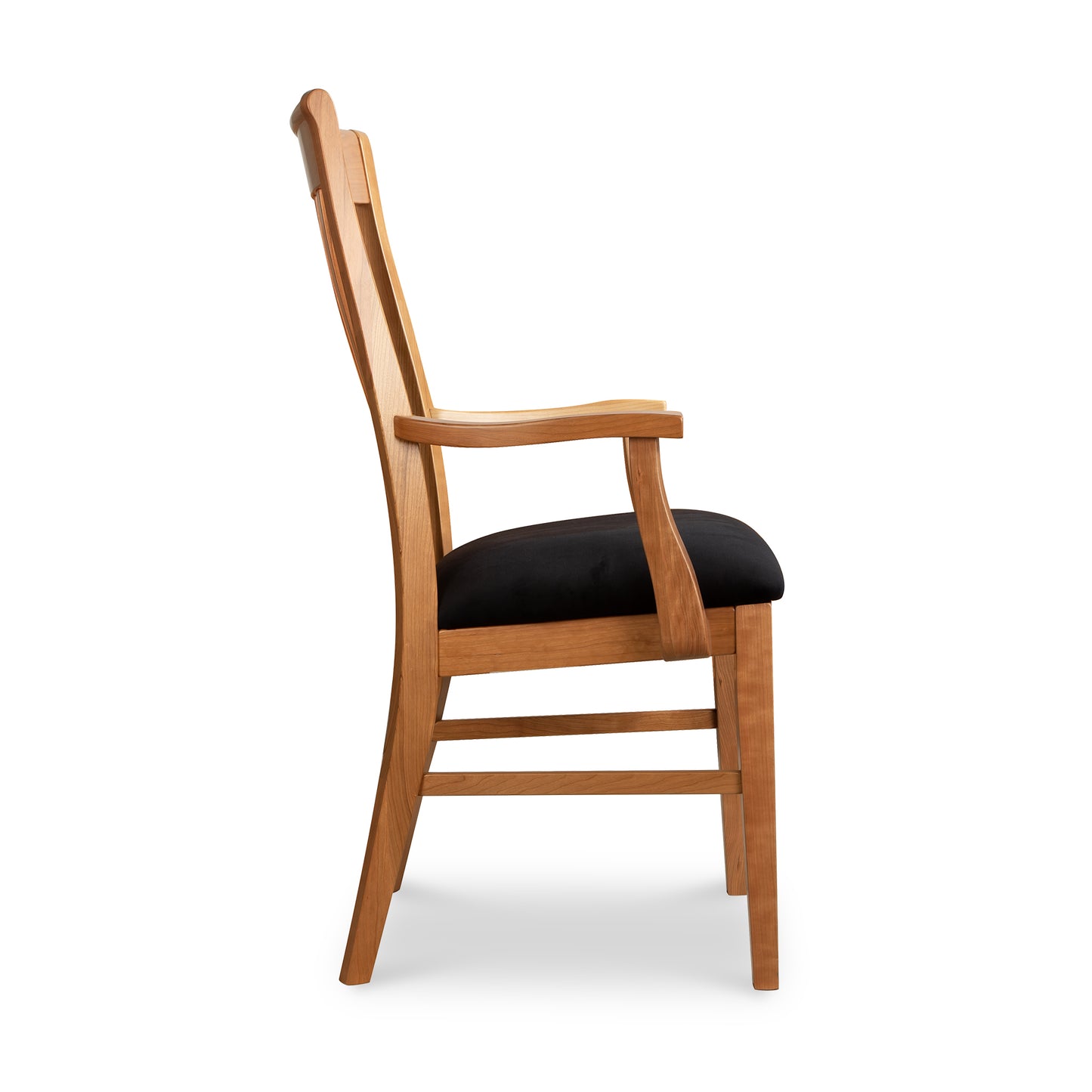 Vermont Woods Studios Country Shaker Chair, sustainable wood construction, ergonomic back, black cushioned seat.