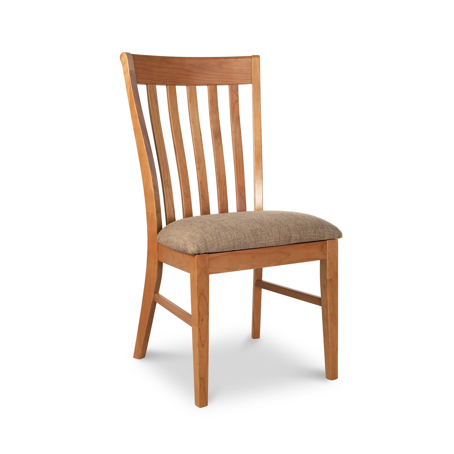 Country Shaker Chair by Vermont Woods Studios, showcasing a slatted back and cushioned light fabric seat crafted from sustainable solid wood.