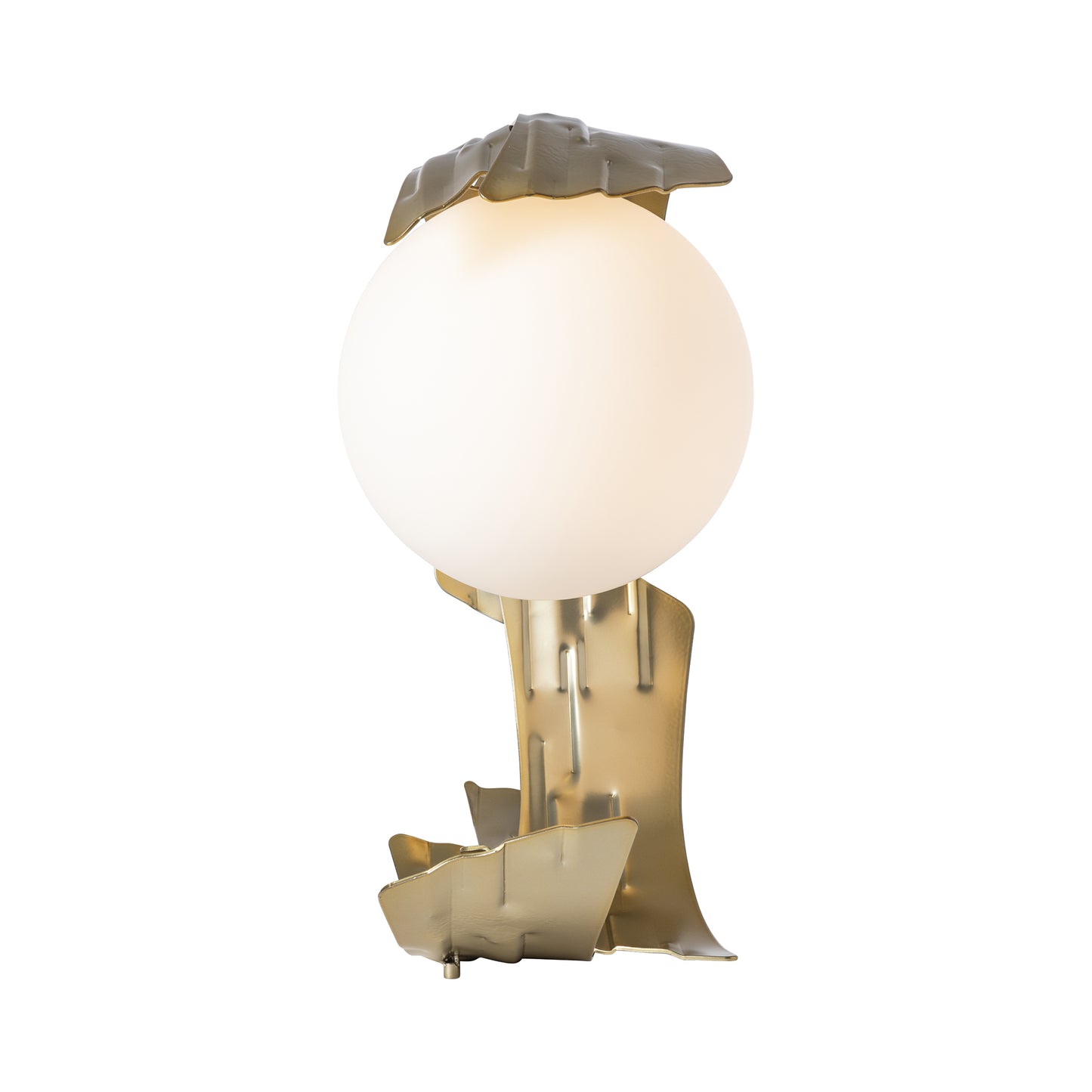 Crest Table Lamp by Hubbardton Forge with spherical light and abstract Modern Brass base featuring jagged leaf designs.