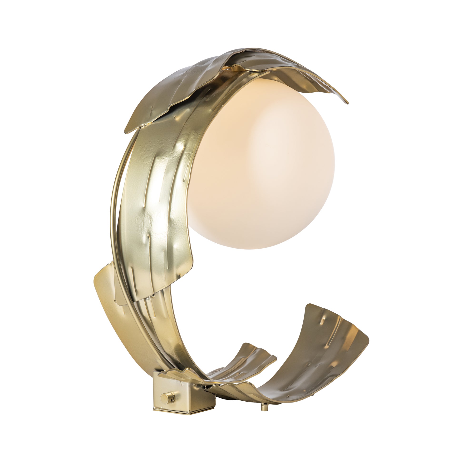 Crest Table Lamp by Hubbardton Forge with a sleek gold metallic curve and central white bulb, resembling modern art.