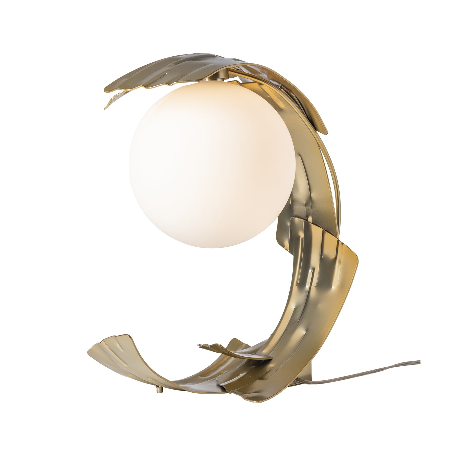 White globe light housed in a leaf-shaped brass frame, Hubbardton Forge Crest Table Lamp.