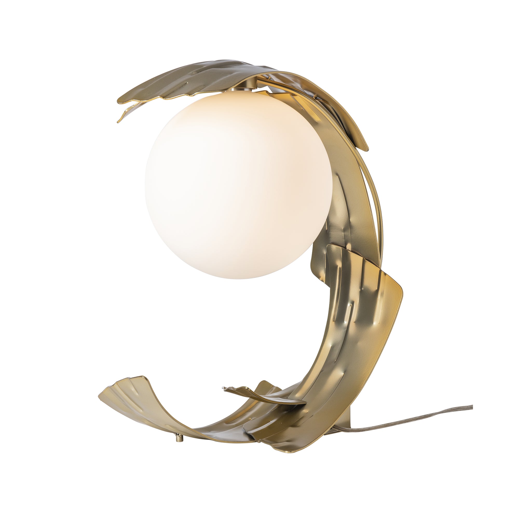 White globe light housed in a leaf-shaped brass frame, Hubbardton Forge Crest Table Lamp.