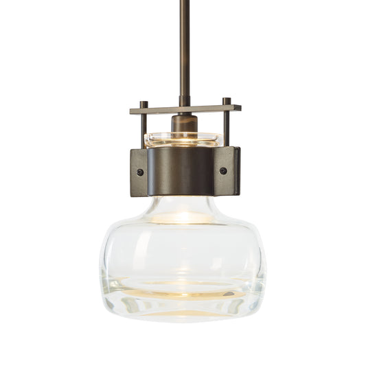 Cuff Large Mini Pendant by Hubbardton Forge, made with clear glass and hand-forged steel, highlights modern American craftsmanship in lighting design.