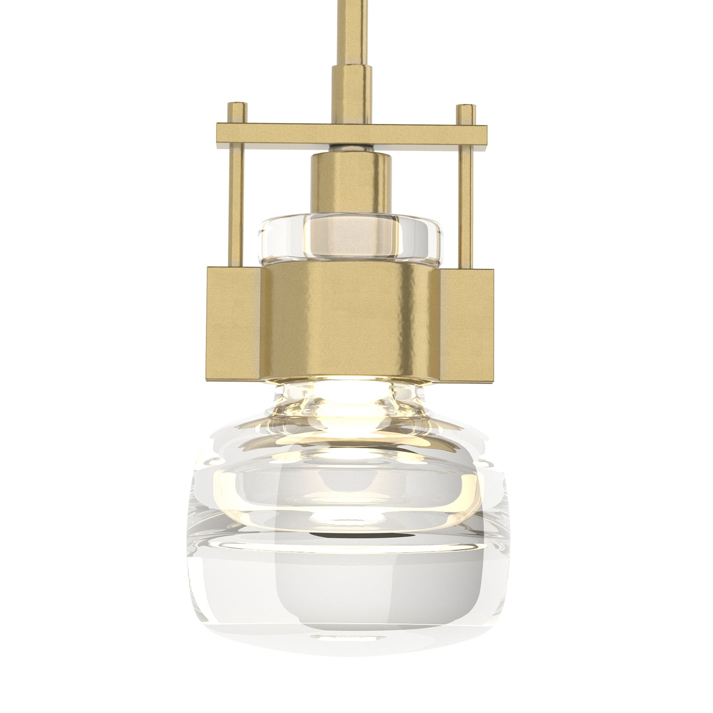 The Hubbardton Forge Cuff Large Mini Pendant displays elegant craftsmanship with a gold frame and clear glass, perfect for modern, American-made interiors.
