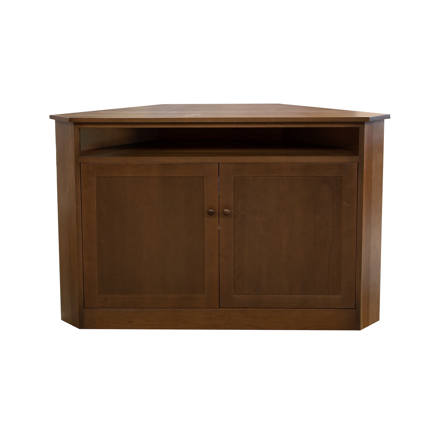 A wooden corner tv stand with doors and drawers.