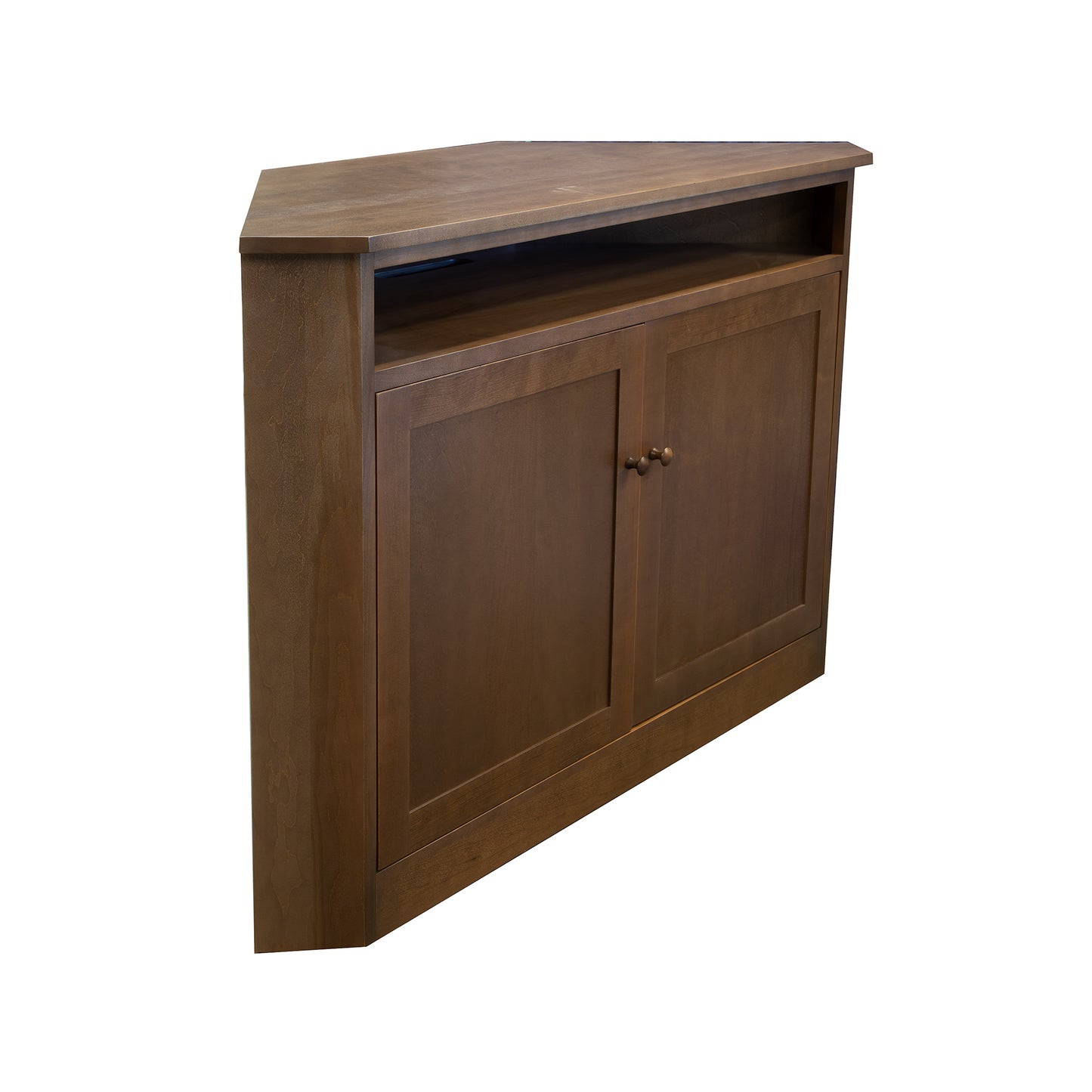 A corner tv unit with a door and drawers.