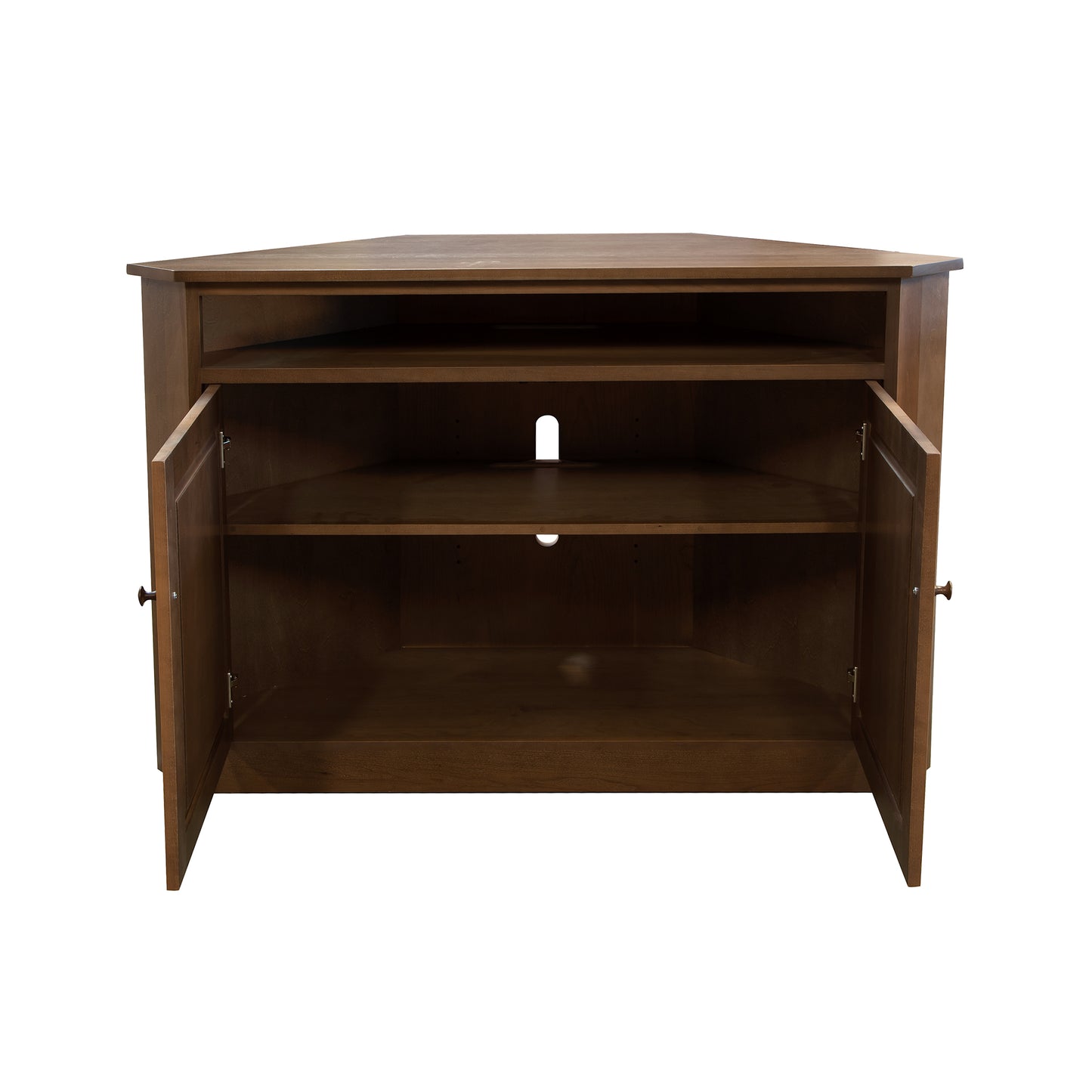 A corner tv stand with shelves and drawers.