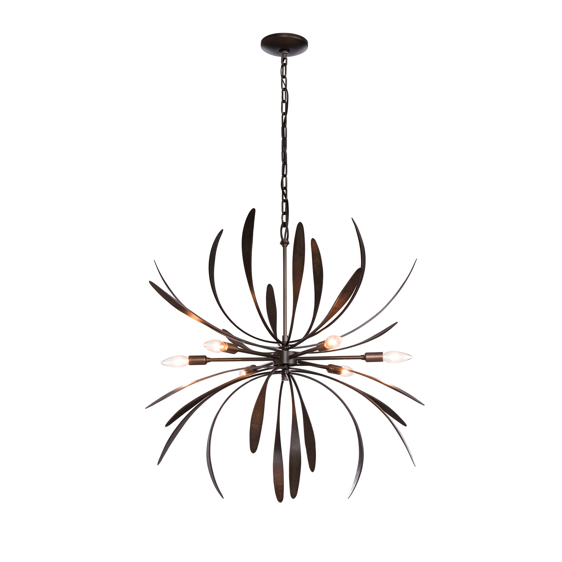 Black spherical Dahlia Chandelier by Hubbardton Forge featuring leaf-like arms and exposed bulbs.