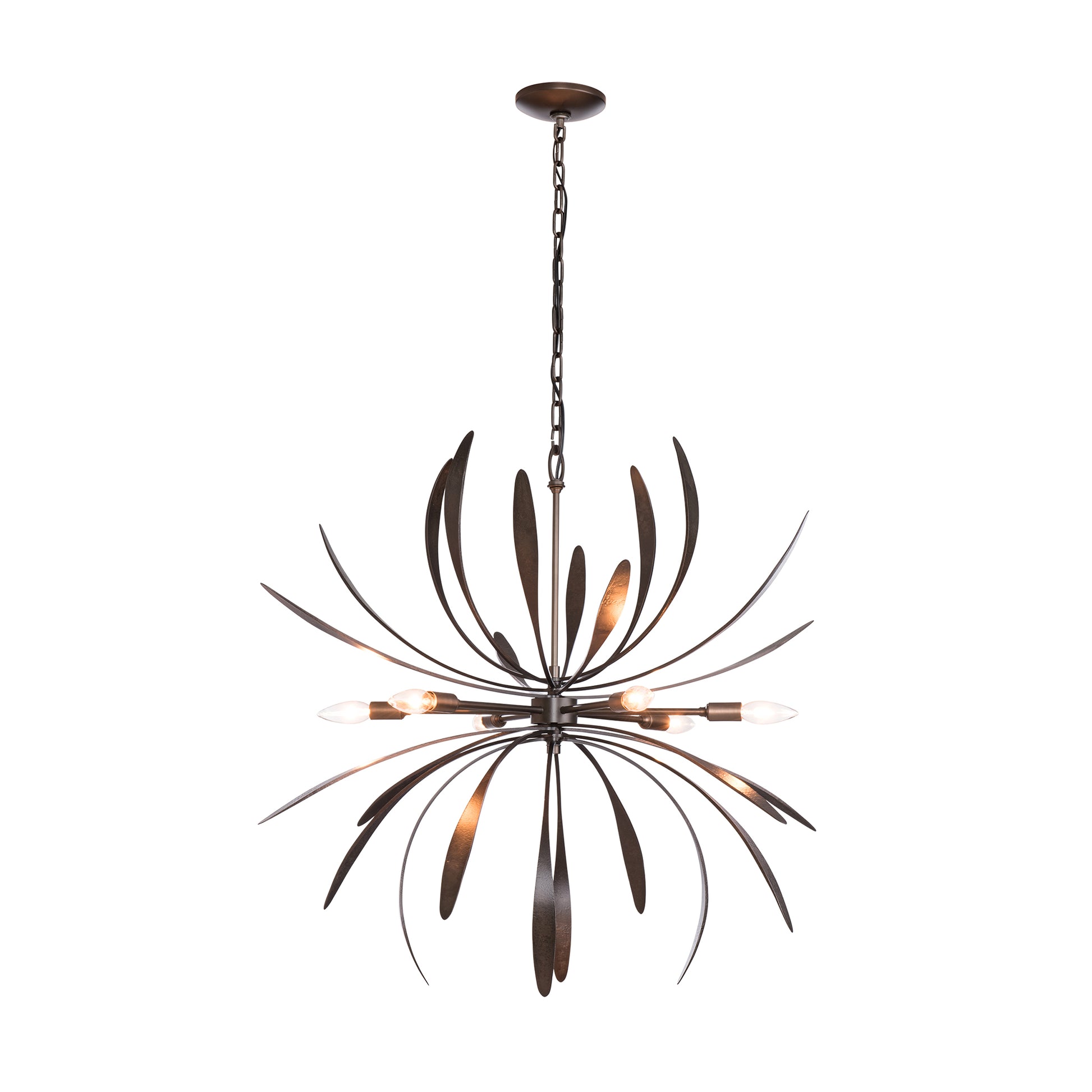 Hubbardton Forge Dahlia Chandelier featuring a central bulb and sleek metal blades, showcasing elegant craftsmanship.