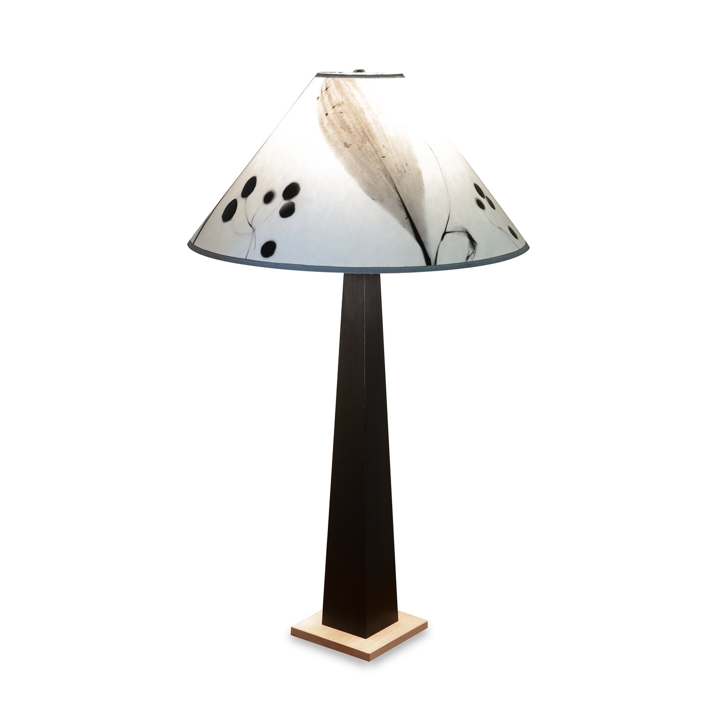 Dance of Life Table Lamp by Rock River Studio with handcrafted abstract cone-shaped shade, showcasing artisan woodwork and unique design.