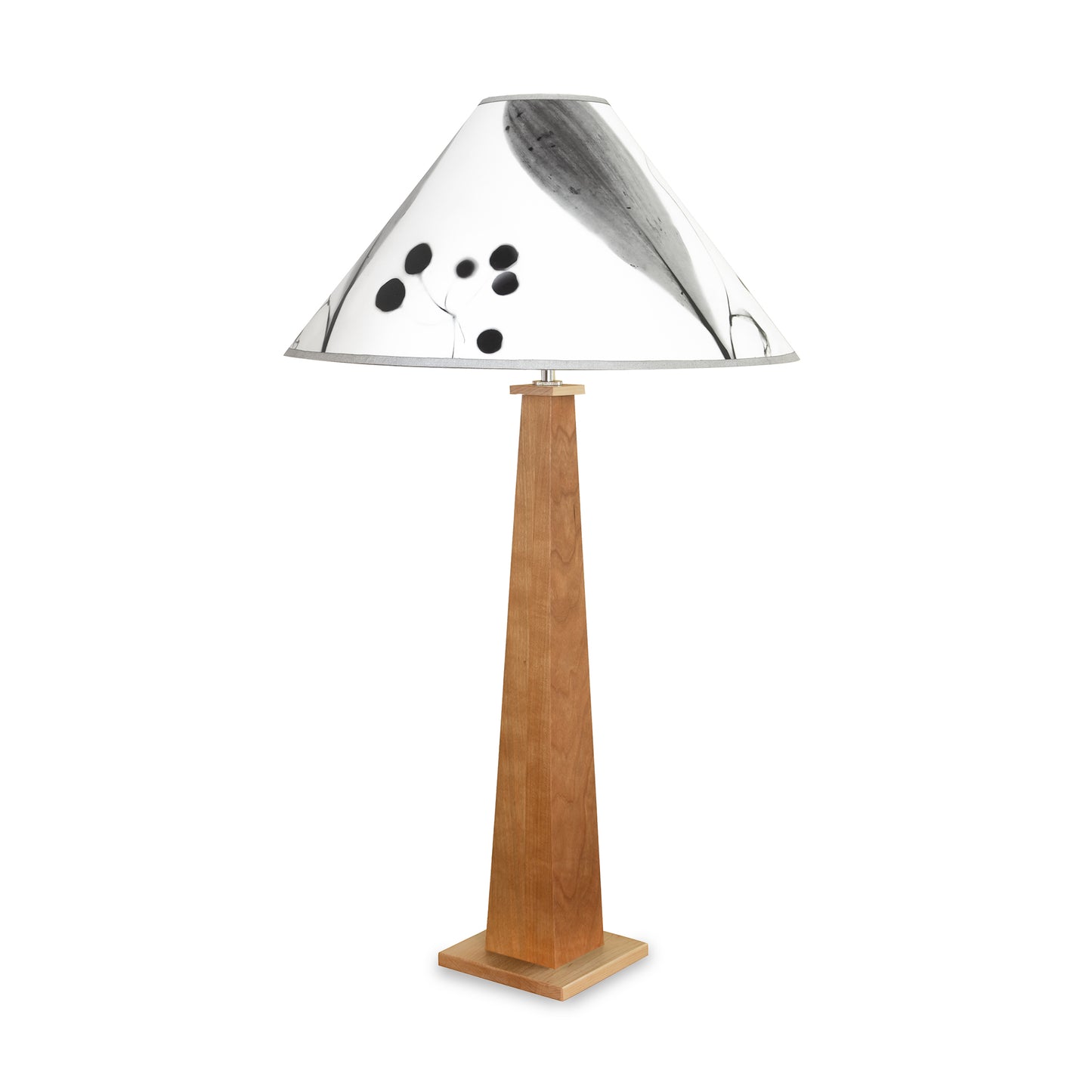 Handcrafted Dance of Life table lamp by Rock River Studio with a wooden base and white shade featuring black botanical designs, showcasing fine American-made craftsmanship.