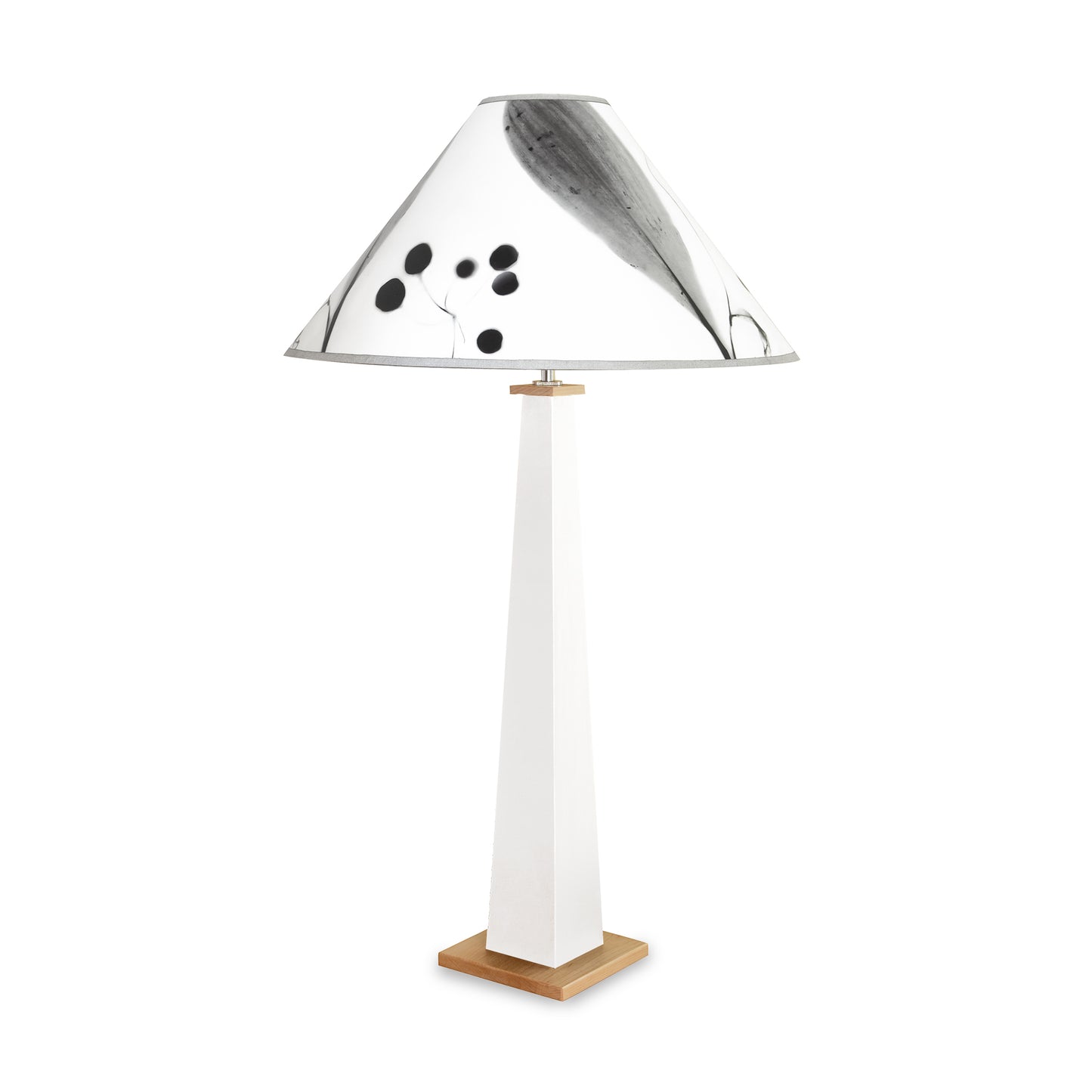 Dance of Life Table Lamp by Rock River Studio with a handcrafted base and cone shade featuring abstract black and gray botanical designs.