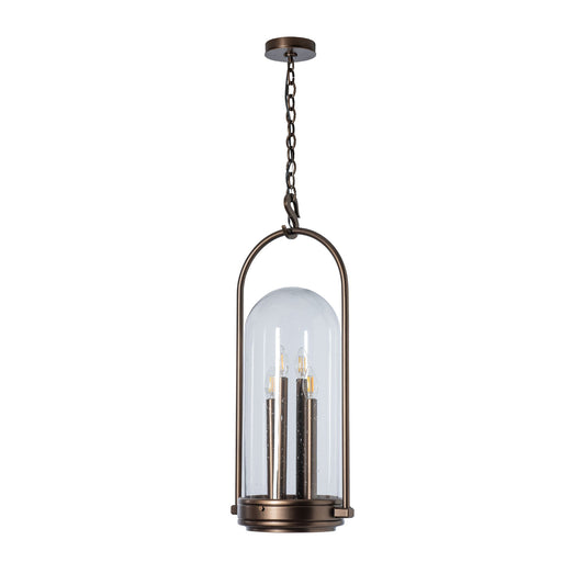 Davis Outdoor Lantern by Hubbardton Forge, crafted from hand-forged steel with a dome glass cover and three candle-style bulbs, showcasing elegant American-made design.