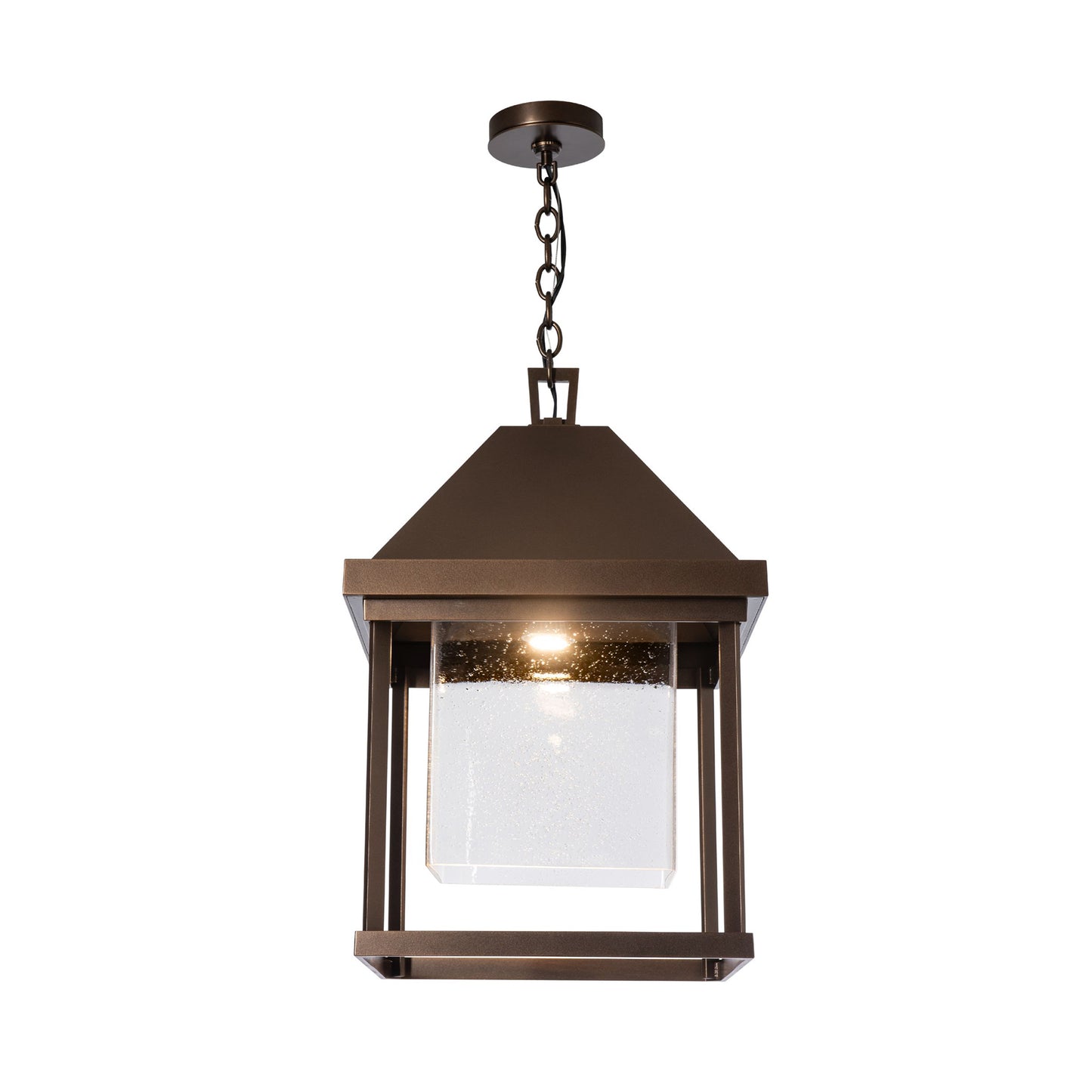 Hubbardton Forge Dorset outdoor lantern with square black frame and clear glass panels, showcasing handcrafted American-made design.