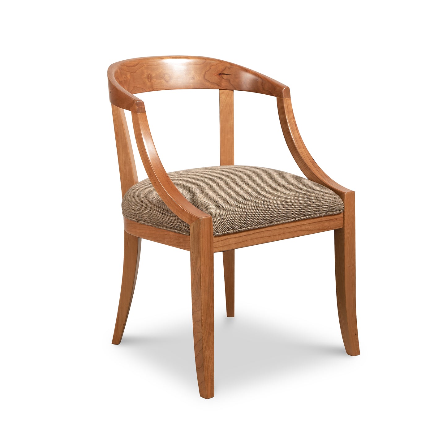 Dorset Chair by Vermont Woods Studios with a curved backrest and brown textured fabric cushioned seat, highlighting its modern design.