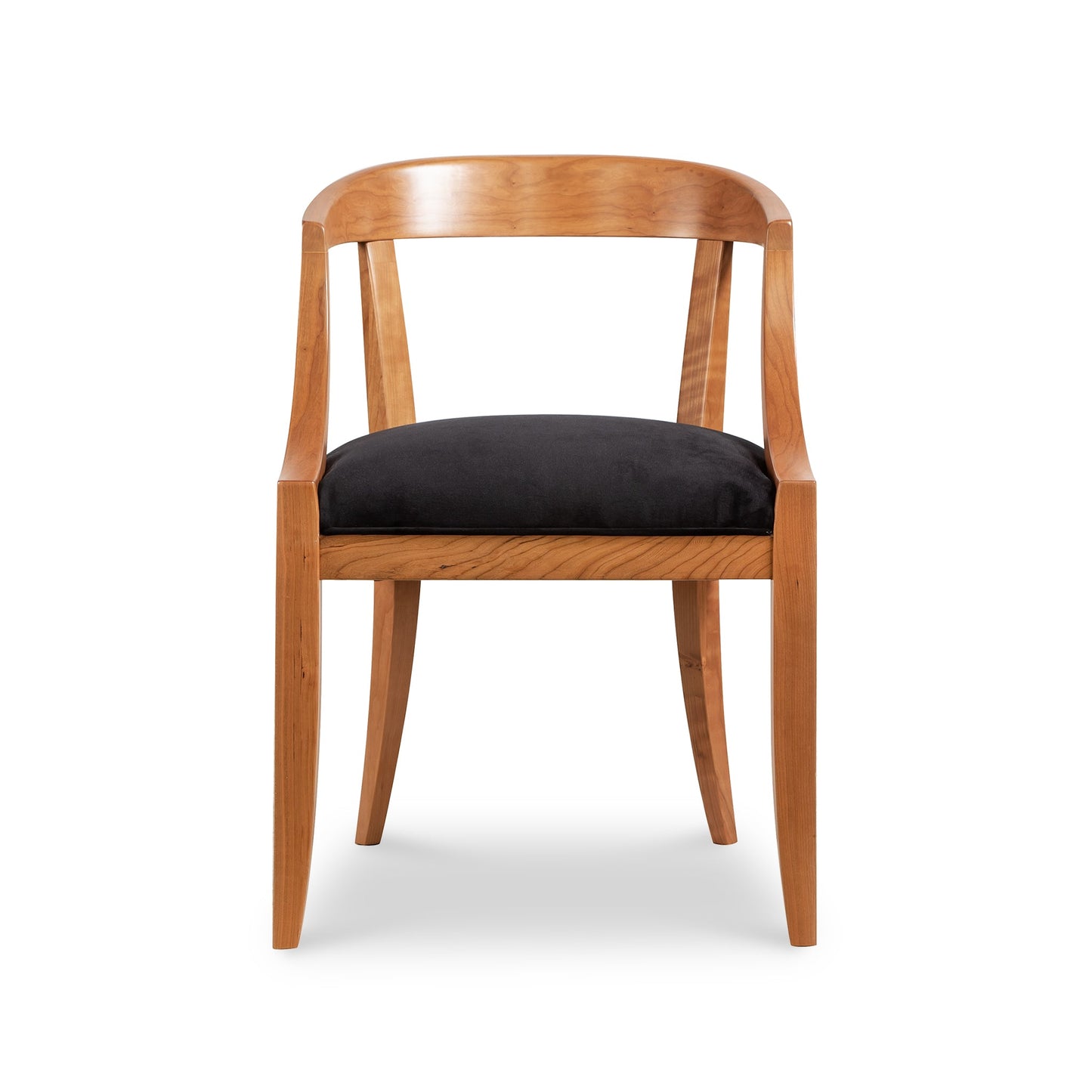 Dorset Chair by Vermont Woods Studios featuring black upholstery, floor model, highlighting its craftsmanship and elegant design.