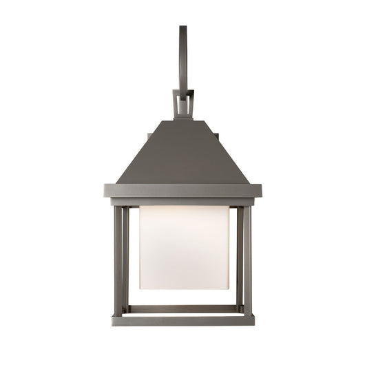 Dorset Medium Dark Sky Friendly Outdoor Sconce by Hubbardton Forge with modern matte black frame and frosted square glass shade, showcasing elegant and contemporary outdoor lighting design.
