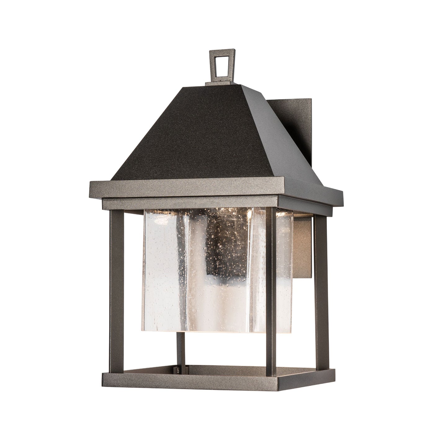 Dorset Small Dark Sky Friendly Outdoor Sconce by Hubbardton Forge with a sleek black frame, clear glass, and modern design, highlighting its elegant craftsmanship.