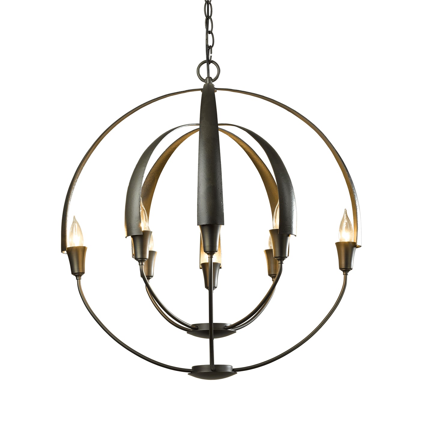 Hubbardton Forge Double Cirque Chandelier, black forged metal sphere with six candle lights. Hand-crafted and eco-friendly.