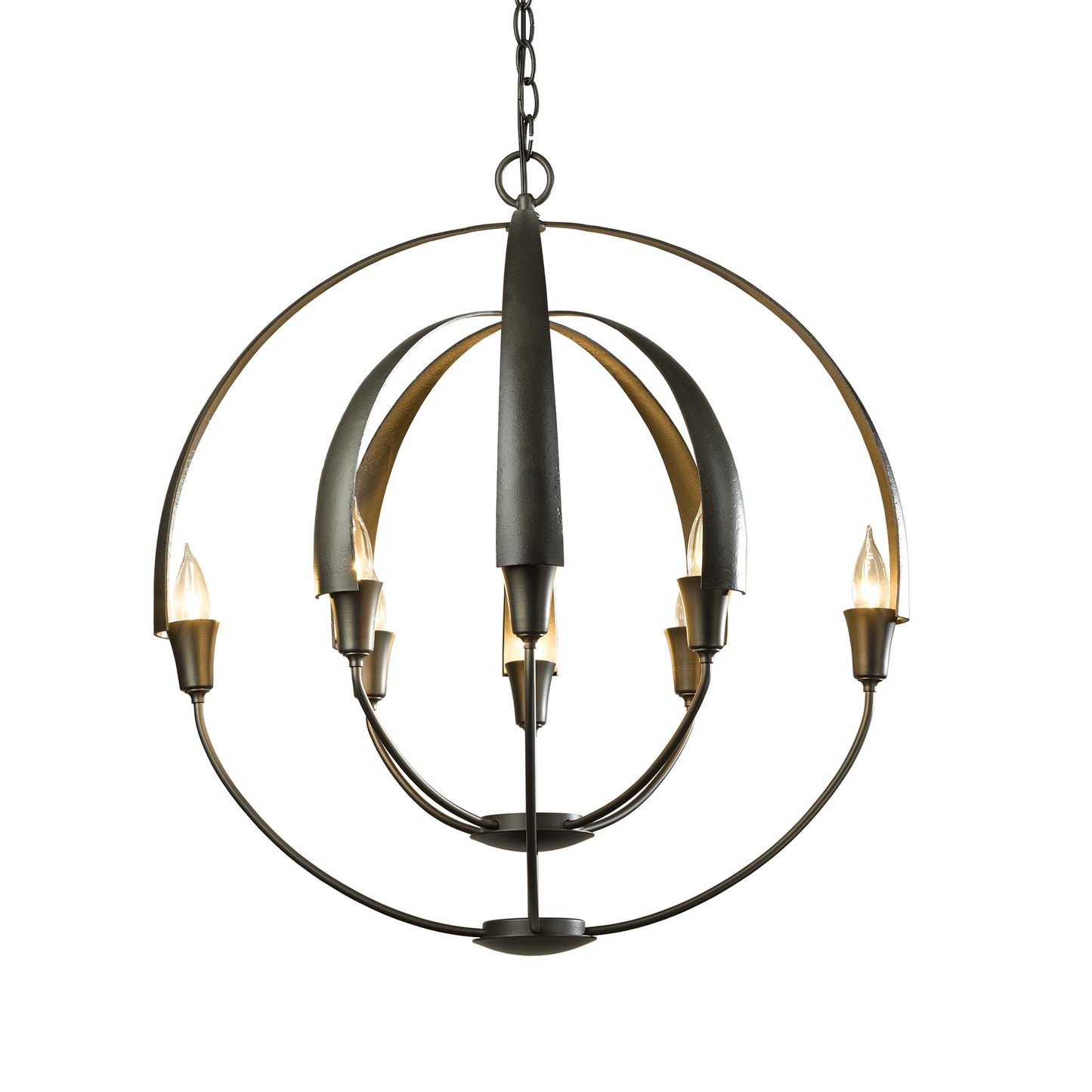The Hubbardton Forge Double Cirque Chandelier with a metal frame and four candle holders is a striking addition to any space in Vermont.