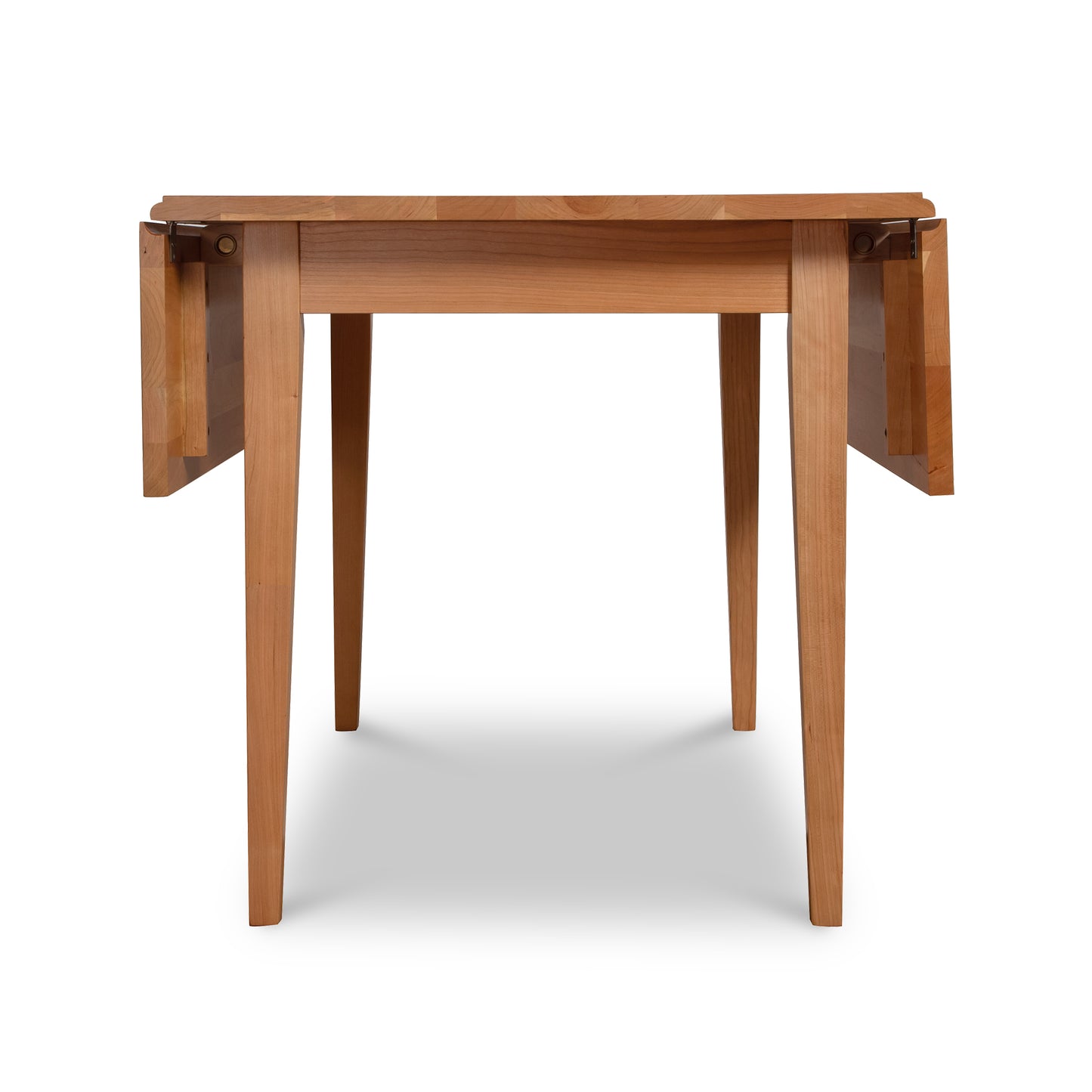 Lyndon Furniture Drop Leaf Table in natural cherry wood, end view with both leaves extended, highlighting craftsmanship and versatile design.