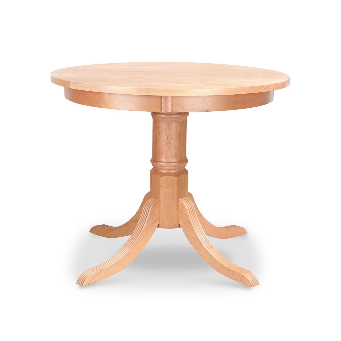 Lyndon Furniture Duncan-Phyfe Round Pedestal Dining Table with solid wood top and elegant four curved legs, displayed on a white background.