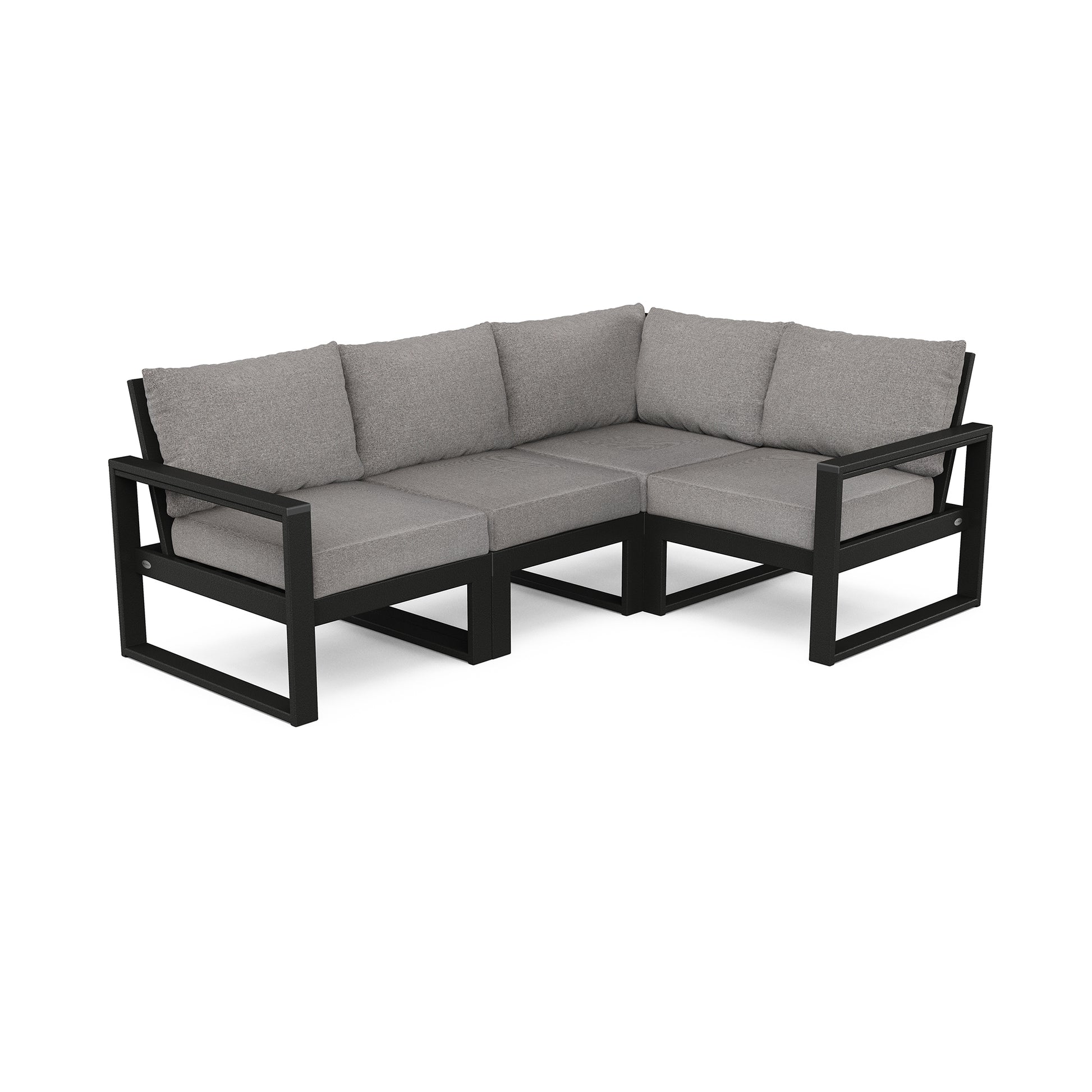 A modern corner sofa from the POLYWOOD EDGE 4-Piece Modular Deep Seating Set, with a black metal frame and light grey cushions, isolated on a white background.