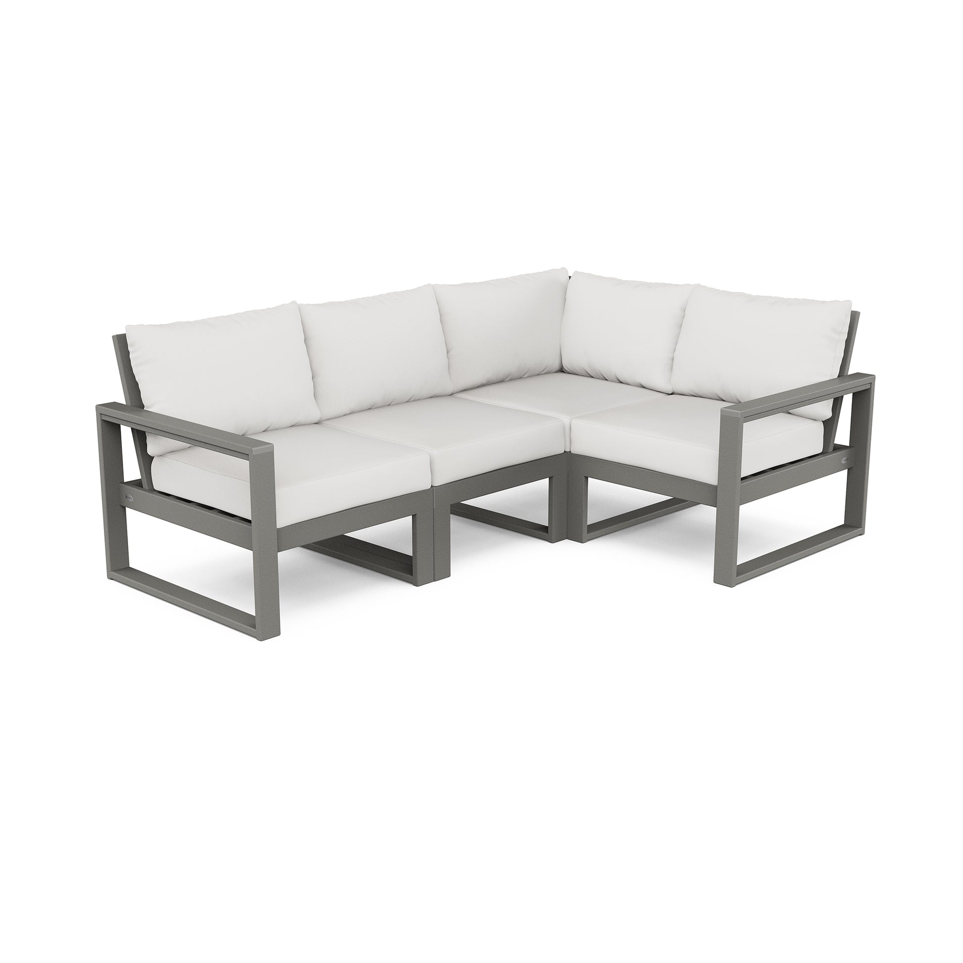 A modern corner sofa with a gray metal frame and white cushions on a plain, isolated background, designed as part of a POLYWOOD EDGE 4-Piece Modular Deep Seating Set.