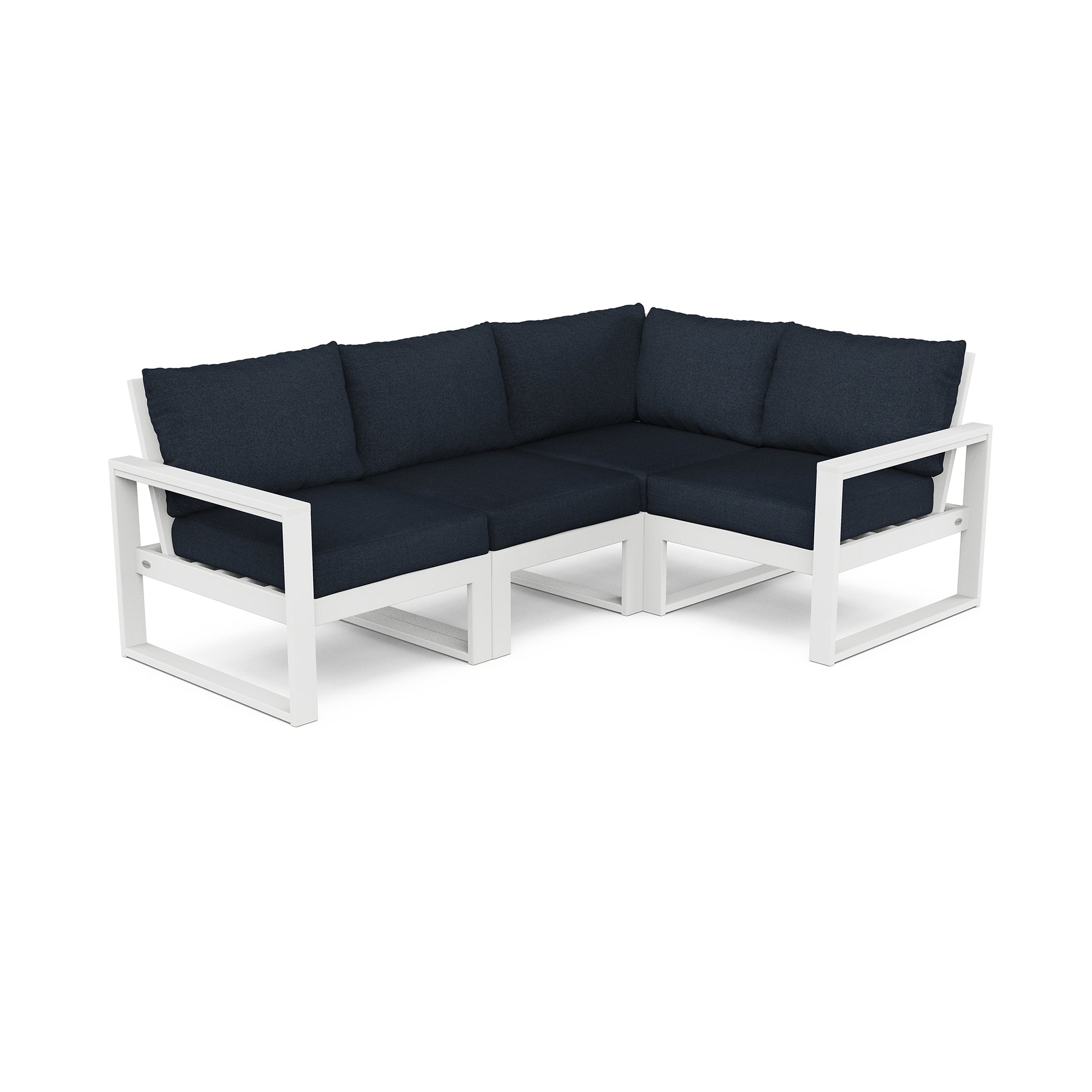 A modern white POLYWOOD EDGE 4-Piece Modular Deep Seating Set with deep blue cushions, isolated on a white background. The sofa has a sleek, white metal frame with clean lines and is part of the POLYWOOD® EDGE modular.