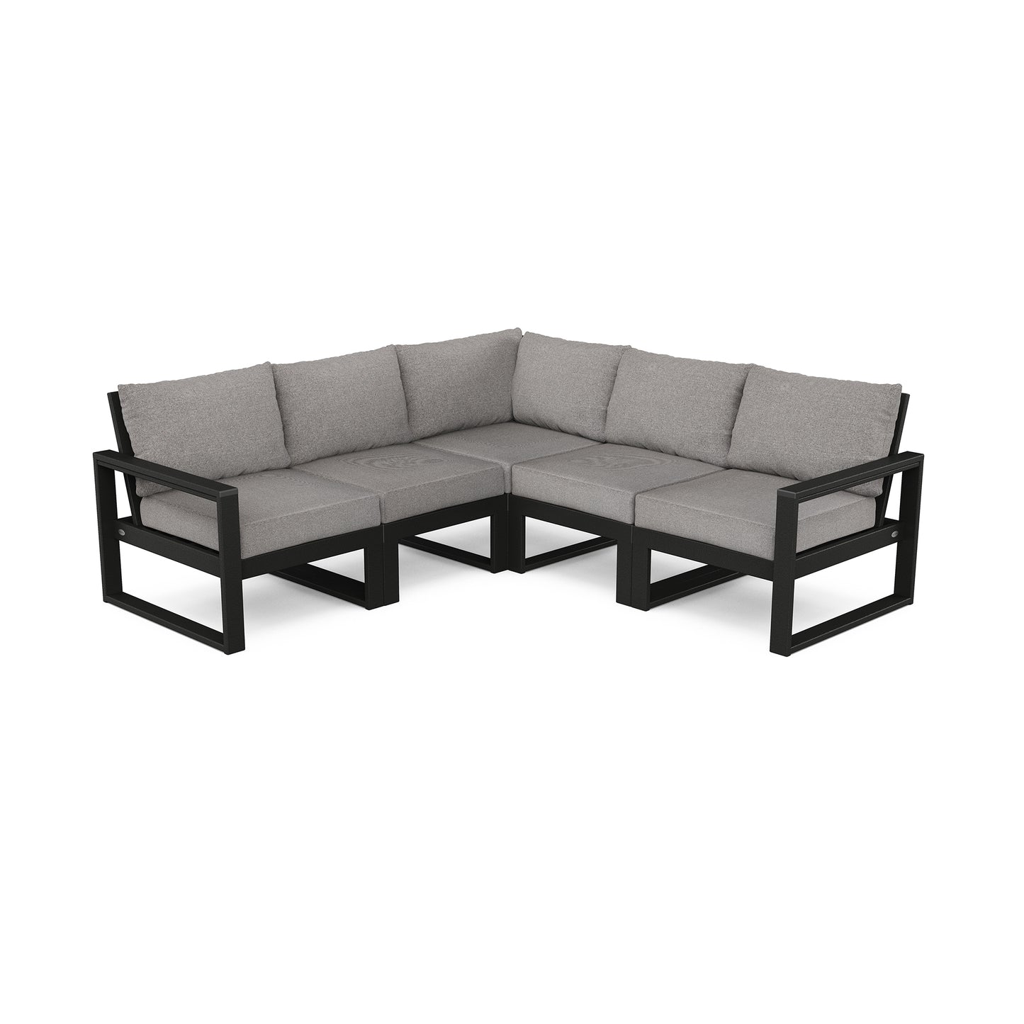 POLYWOOD EDGE 5-piece modular deep seating set featuring gray cushions on a sleek black metal frame.