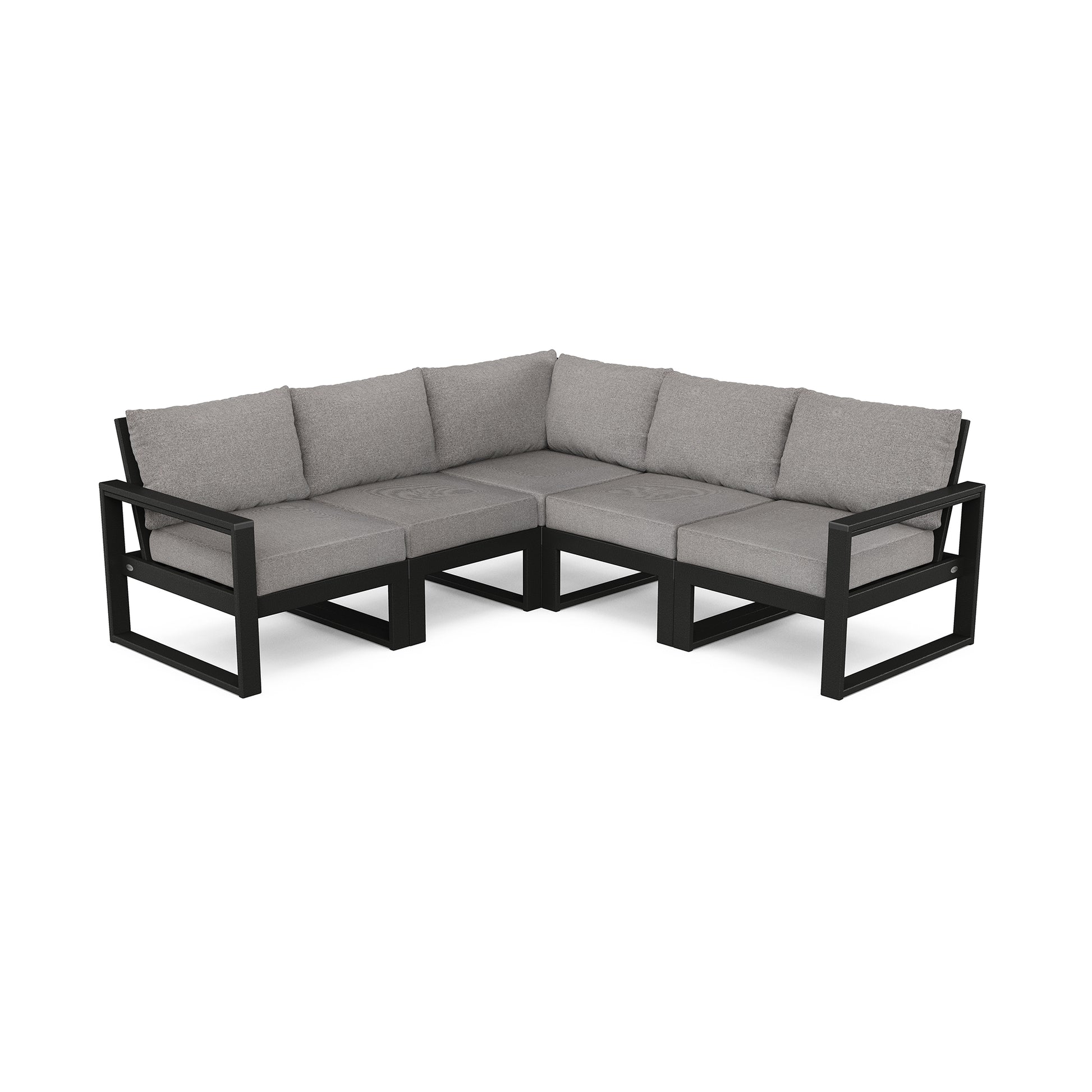 POLYWOOD EDGE 5-piece modular deep seating set featuring gray cushions on a sleek black metal frame.