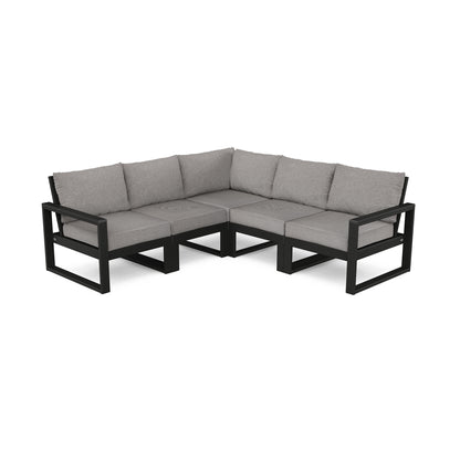 Sentence with replaced product: POLYWOOD EDGE 5-Piece Modular Deep Seating Set with dark gray cushions and a black frame, isolated on a white background.