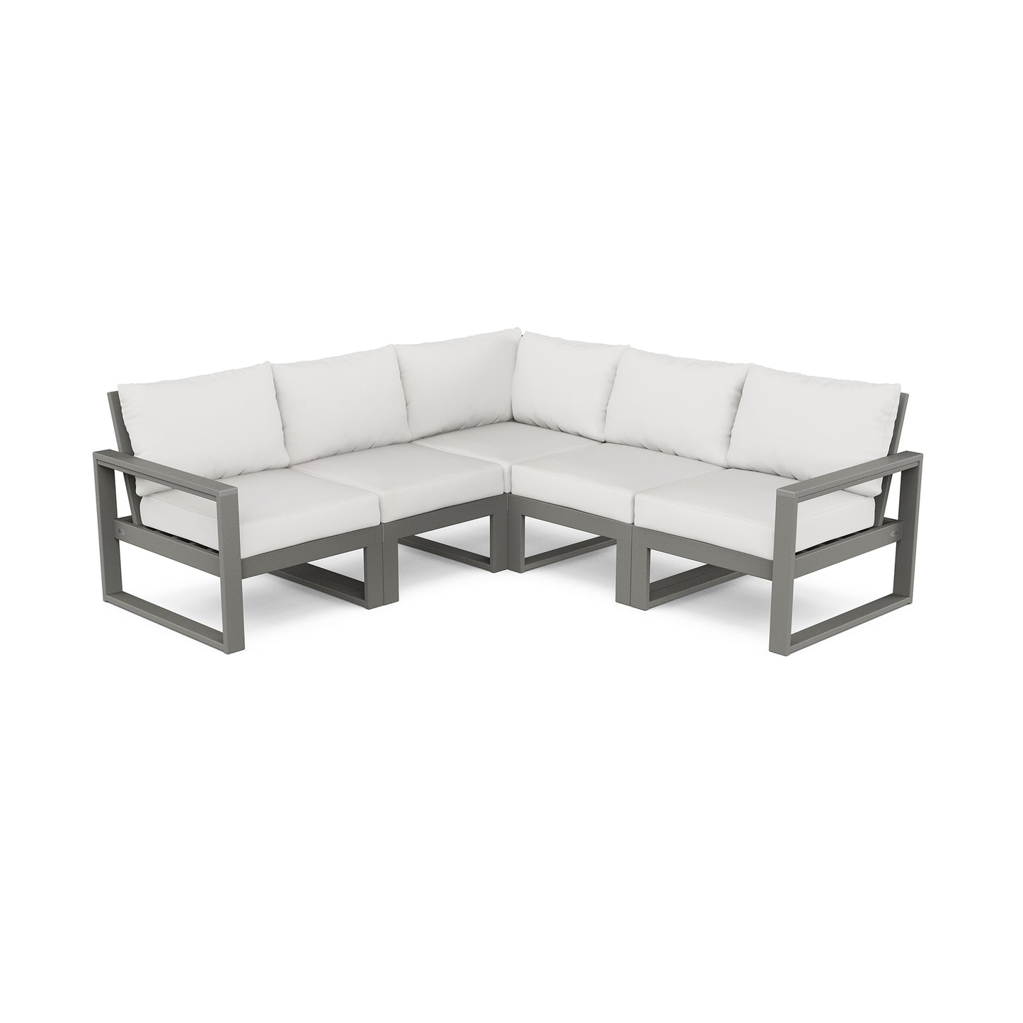 Modern POLYWOOD EDGE 5-piece sectional featuring white cushions, minimalist metal frame, and gray finish.