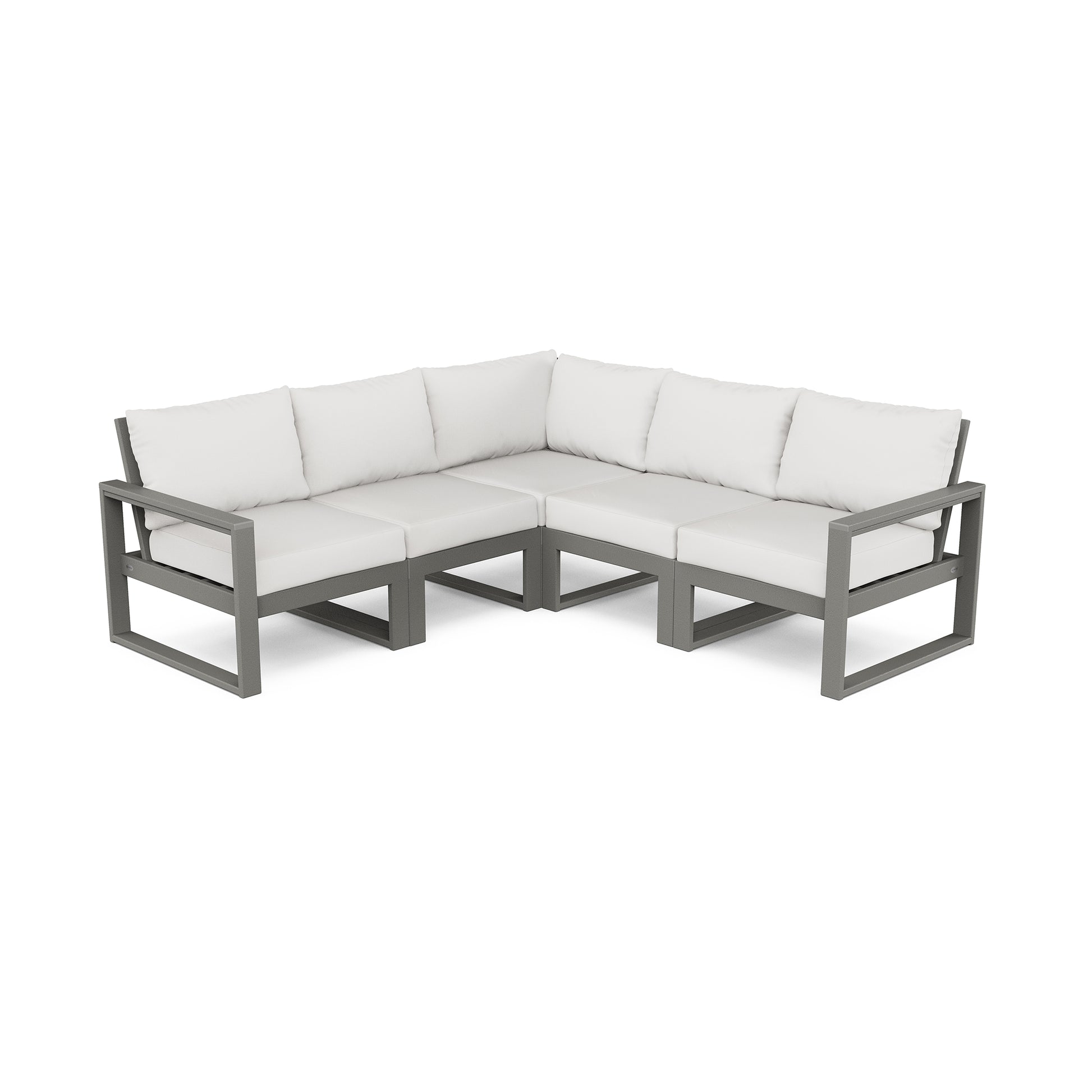 Modern POLYWOOD EDGE 5-piece sectional featuring white cushions, minimalist metal frame, and gray finish.