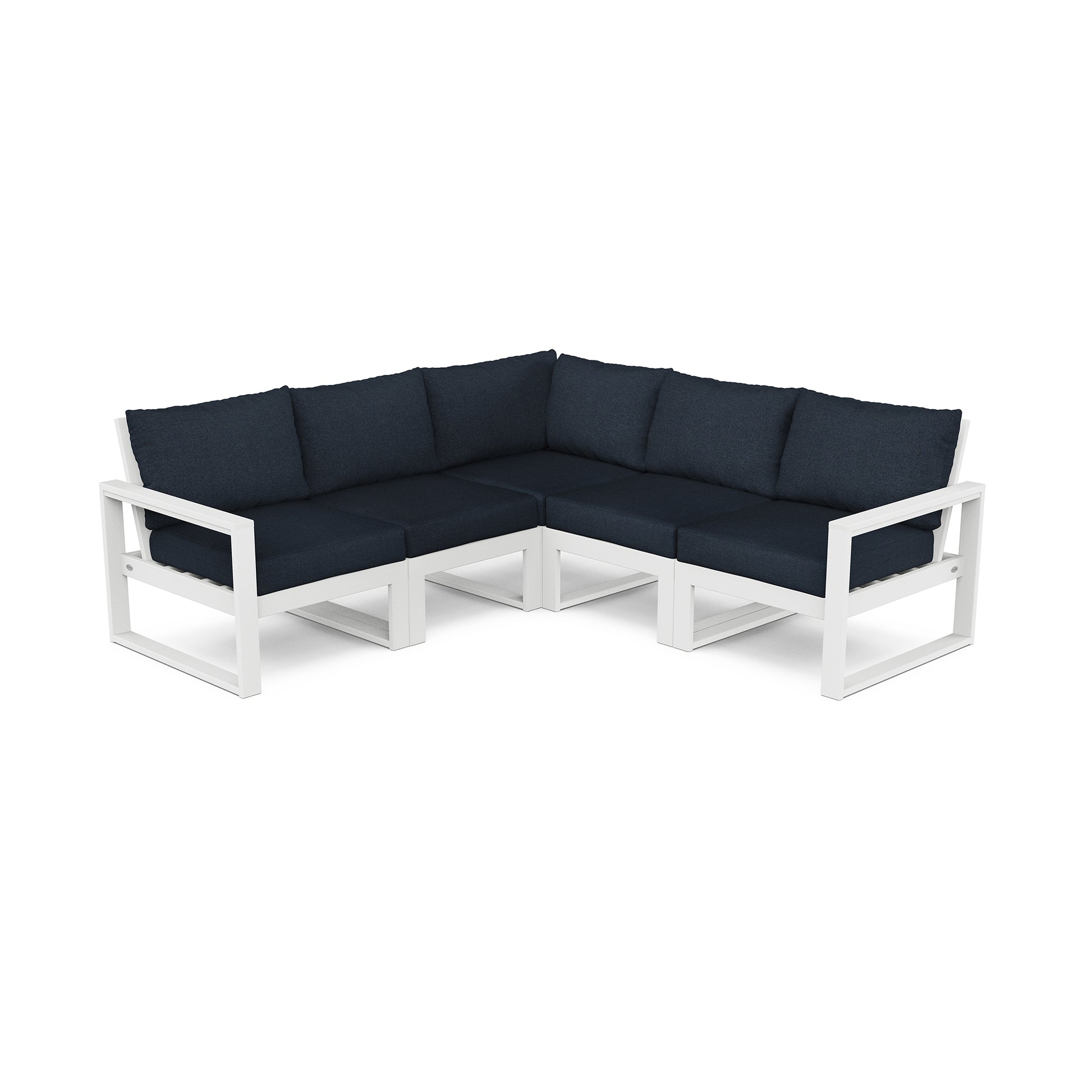 A modern POLYWOOD EDGE 5-Piece Modular Deep Seating Set with white frames and dark blue cushions, isolated on a white background.