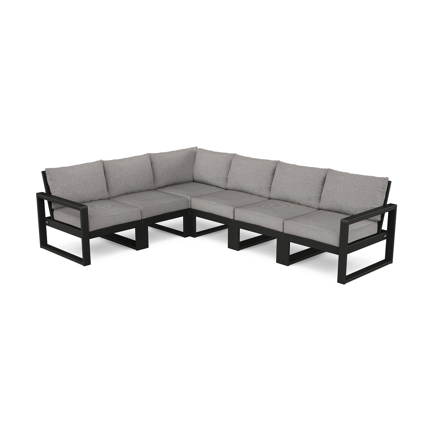 Gray L-shaped sectional sofa featuring a sleek black metal frame and cushions, part of the POLYWOOD EDGE 6-Piece Set.