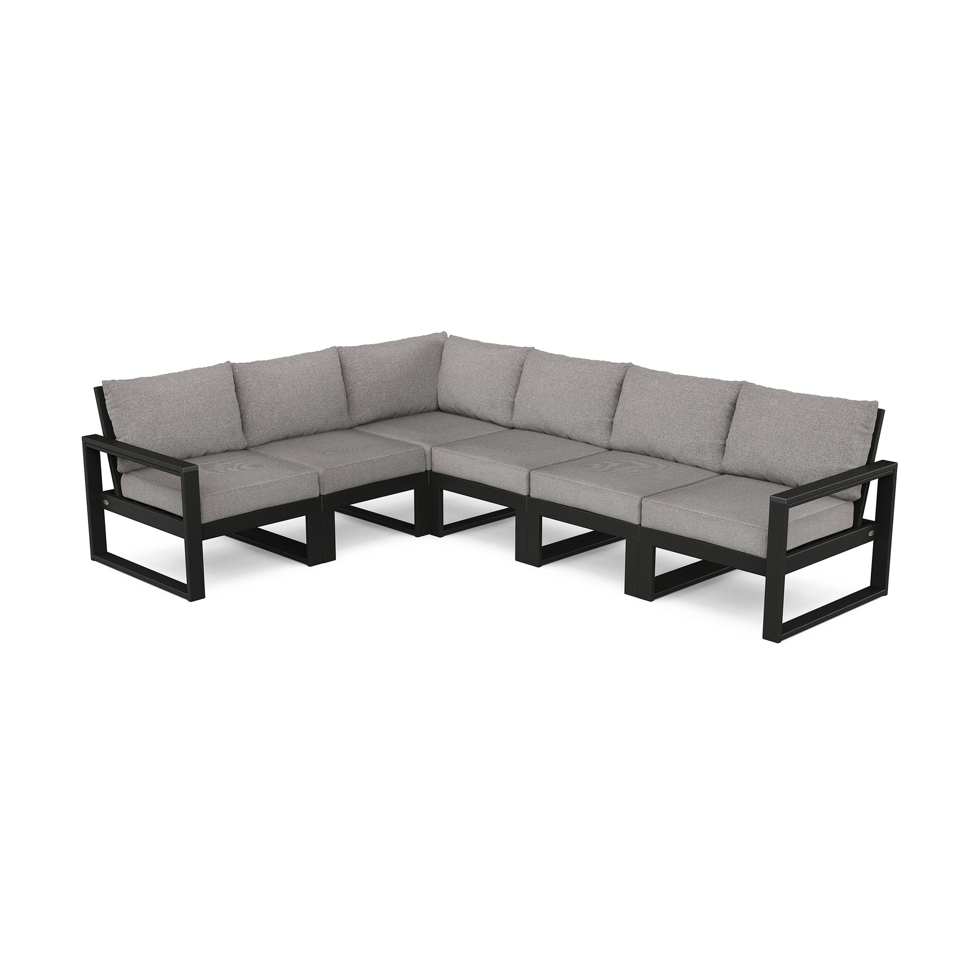 Gray L-shaped sectional sofa featuring a sleek black metal frame and cushions, part of the POLYWOOD EDGE 6-Piece Set.