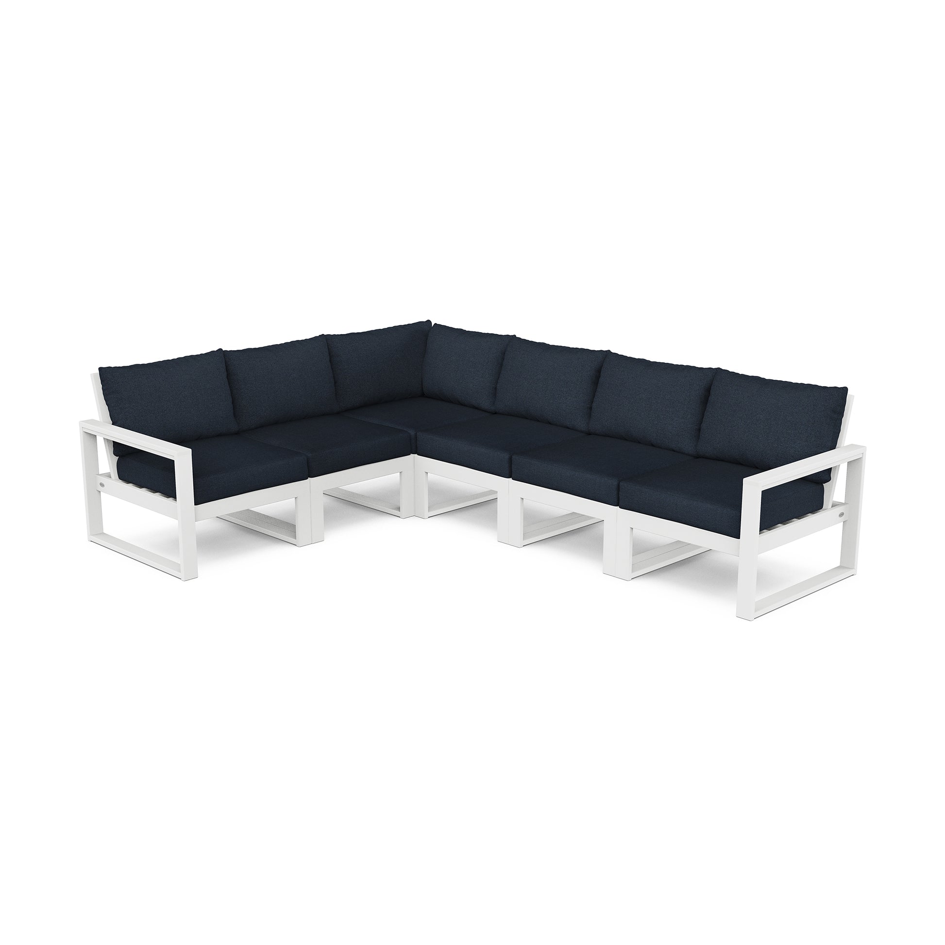 L-shaped sectional sofa with dark cushions and a white frame from the POLYWOOD EDGE 6-Piece Modular Deep Seating Set.