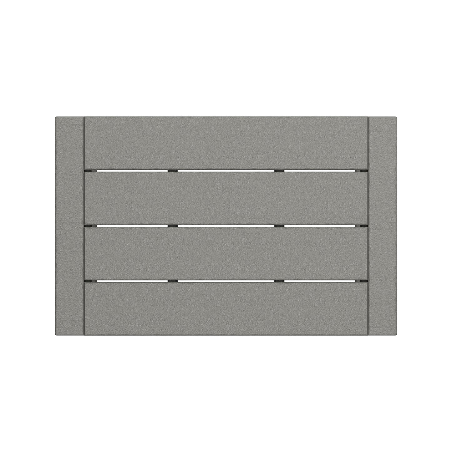 A gray, horizontal, five-slat window shutter mounted on a flat, neutral-toned wall featuring POLYWOOD EDGE Coffee Table.